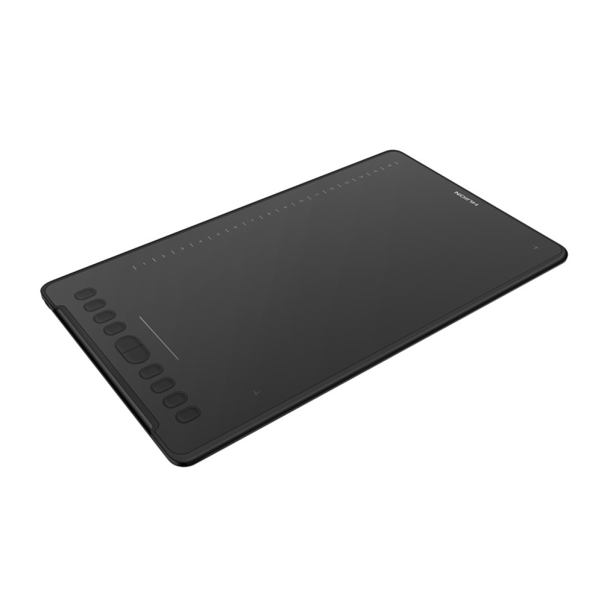 Ein schwarzes Huion Zeichentablett. Es ist rechteckig mit Knöpfen und einer Touch-Leiste.