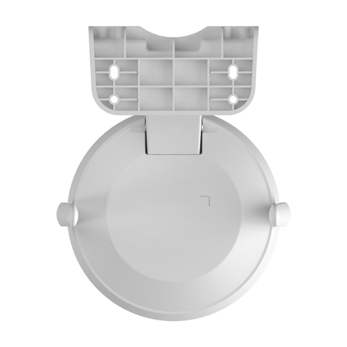 Biały, okrągły przedmiot, prawdopodobnie urządzenie smart home lub odkurzacz robot.
