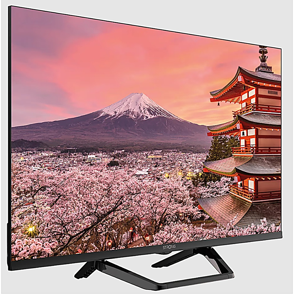Ein Fernsehbildschirm zeigt eine japanische Landschaft mit Kirschblüten und dem Fuji-Berg im Hintergrund.