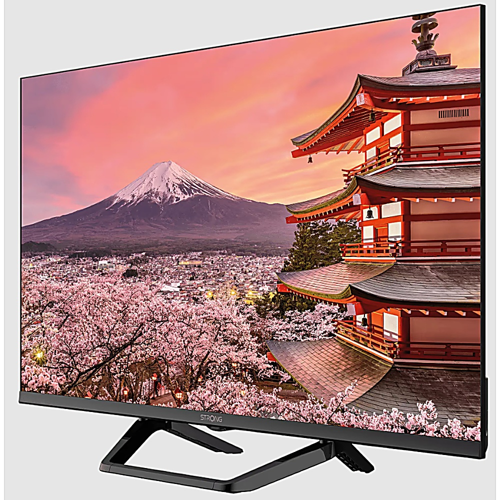 Ein Fernsehbildschirm zeigt eine japanische Pagode mit dem Fuji, Kirschblüten und Sonnenuntergang.