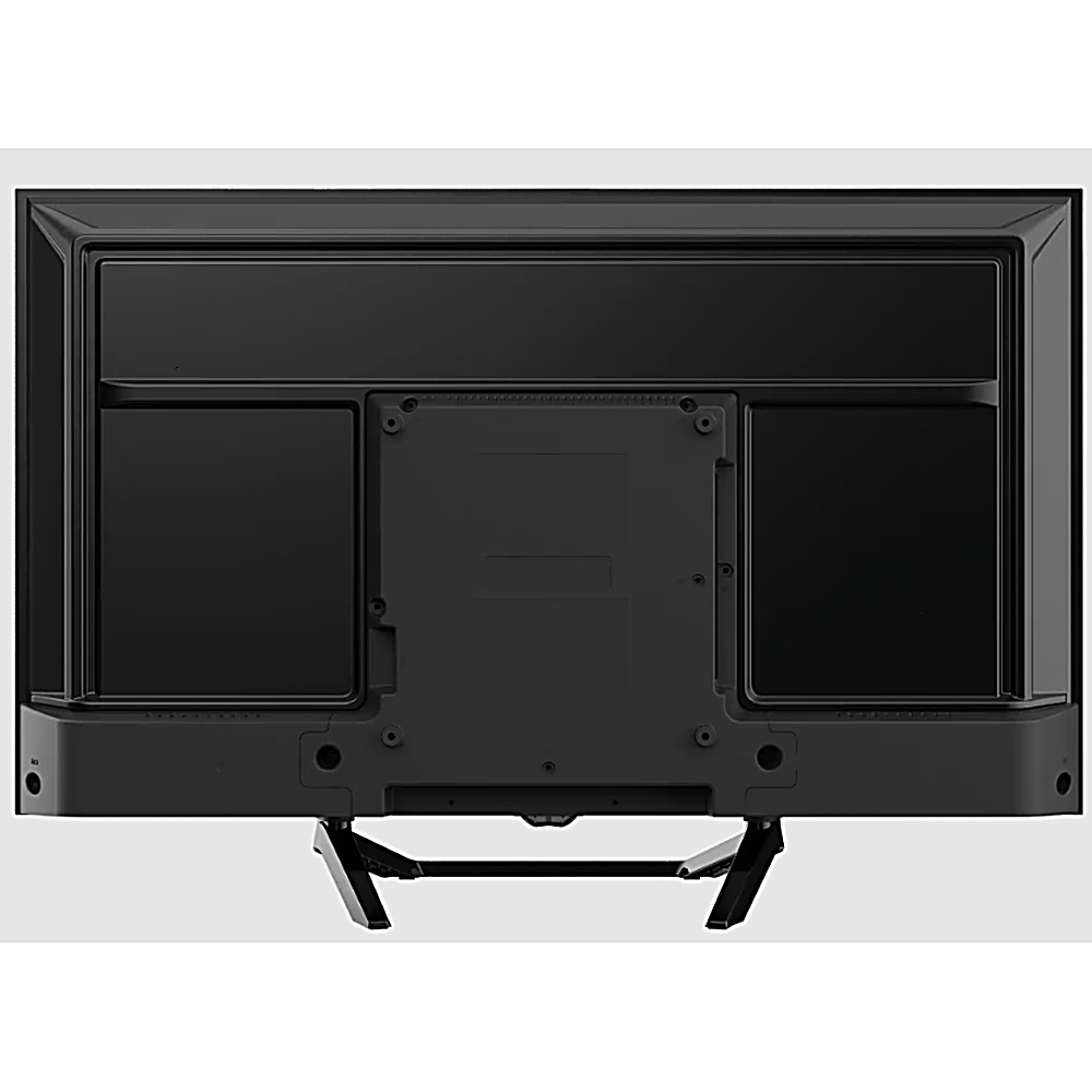 Rückansicht eines schwarzen Fernsehers auf einem Ständer. Einfaches Design, Anschlüsse sichtbar.