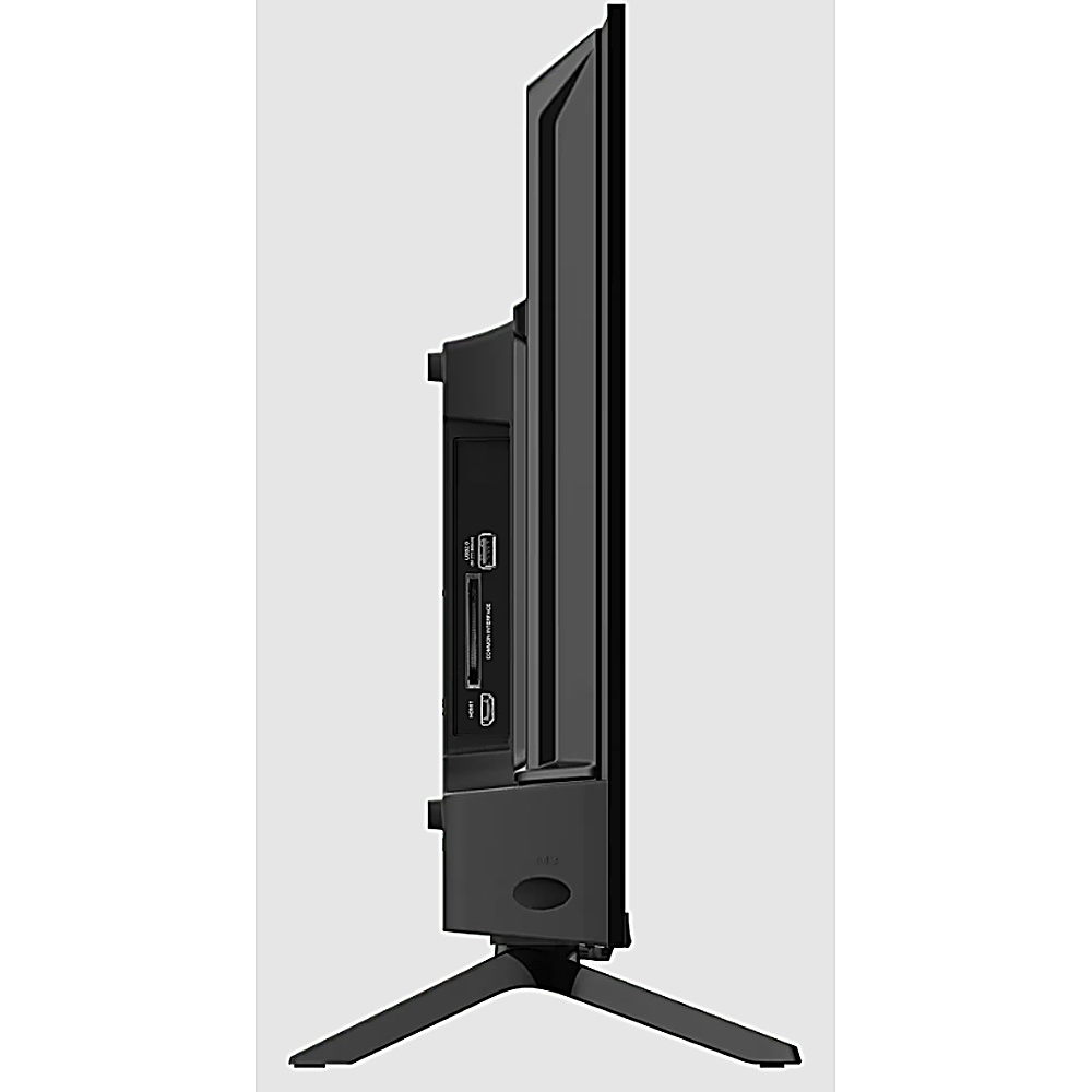 Seitenansicht eines schwarzen Fernsehers mit Anschlüssen und Ständer. Der Ständer ist minimalistisch.