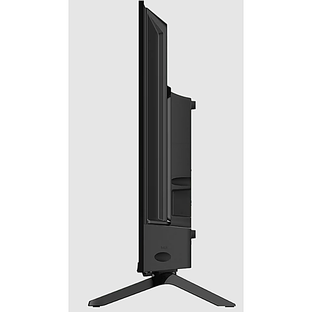 Seitenansicht eines schwarzen Fernsehers auf einem Ständer. Die Seite zeigt Anschlüsse. Schlichtes Design.