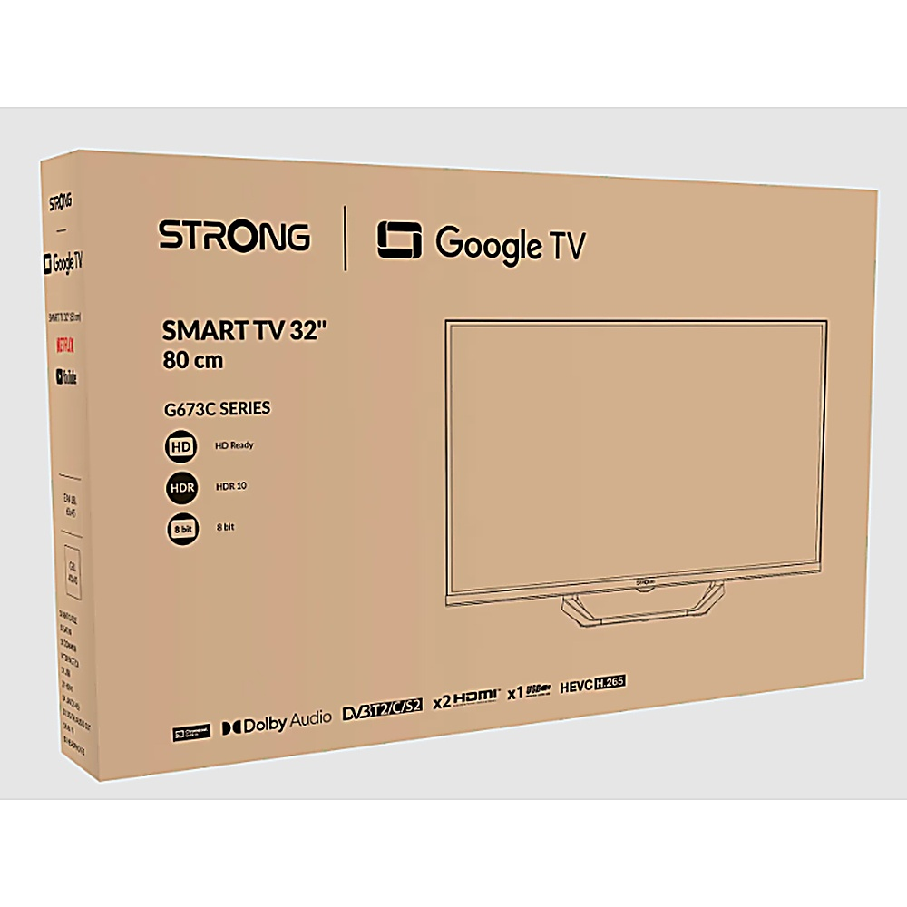 Eine TV-Box mit dem Text STRONG Google TV. Zeigt Funktionen und den Fernseher selbst.
