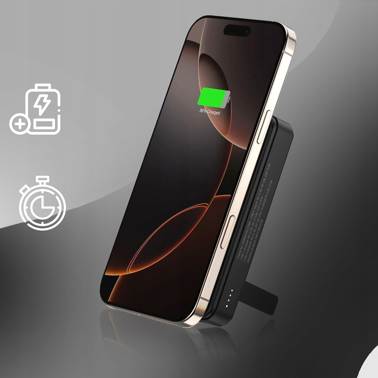 Telefon na stojaku ładującym. Ekran pokazuje 88% naładowania. Widoczne ikony baterii i czasu.