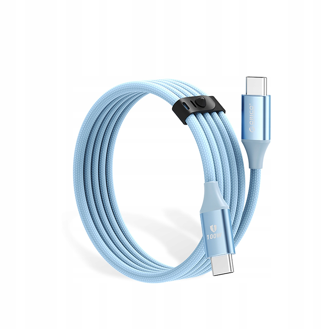 Jasnoniebieski pleciony kabel USB-C, zwinięty. Czarny zatrzask na środku. Dwa złącza USB-C.