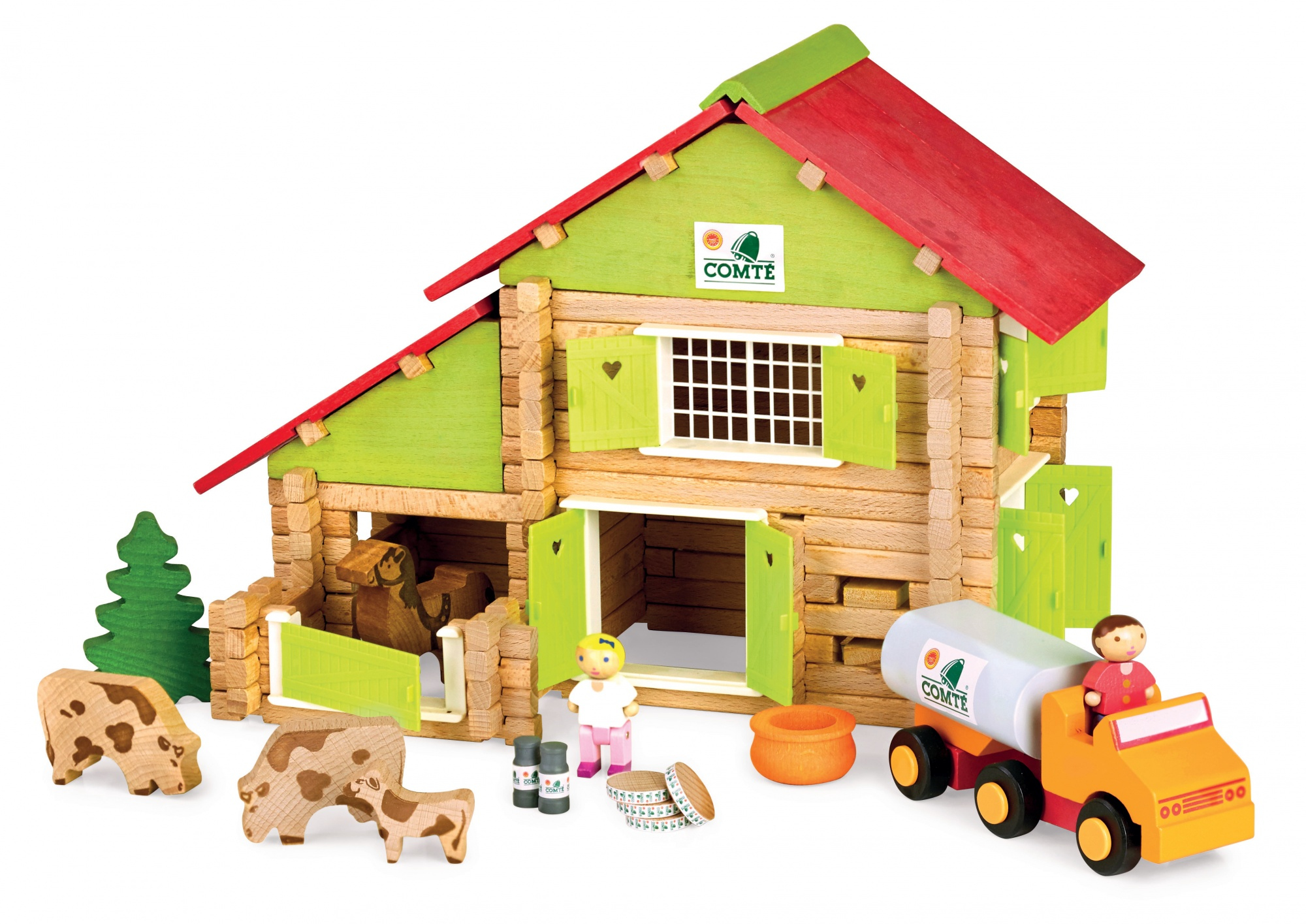 Set fattoria giocattolo in legno: casa colonica, mucche, camion e figure visibili su sfondo bianco.