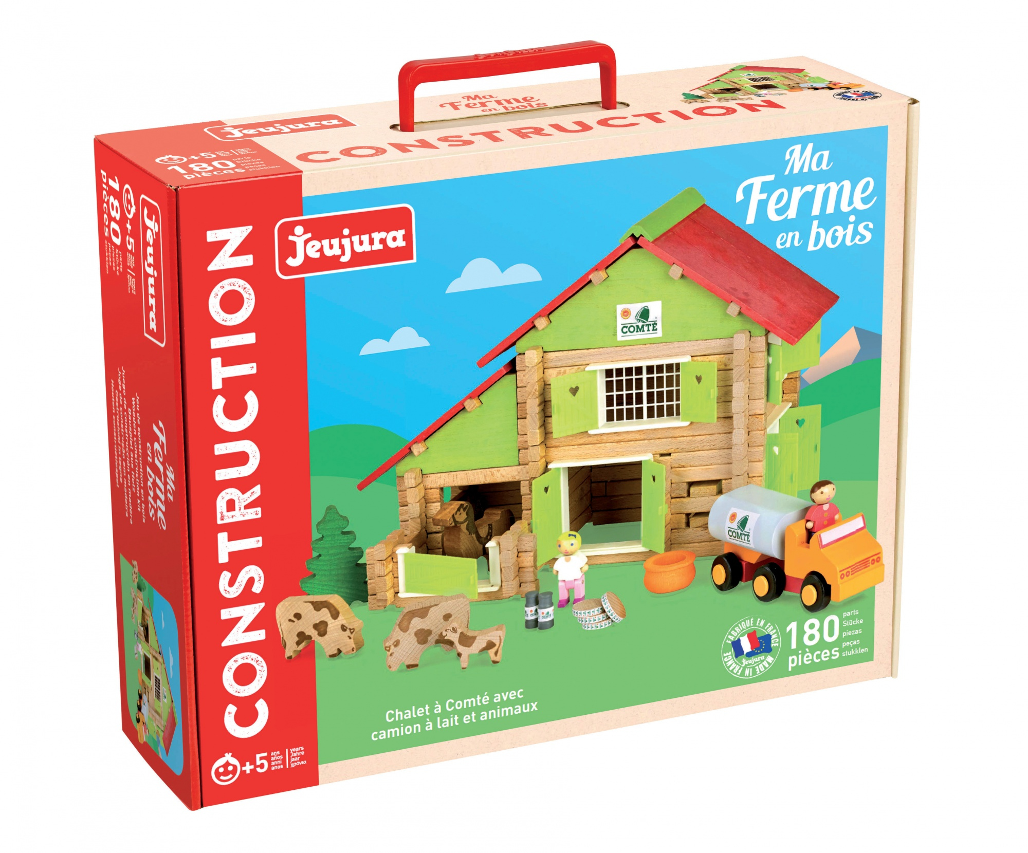 Un set di fattoria giocattolo in legno, la scatola con la fattoria e il camion e alcuni giocattoli di legno aggiuntivi.