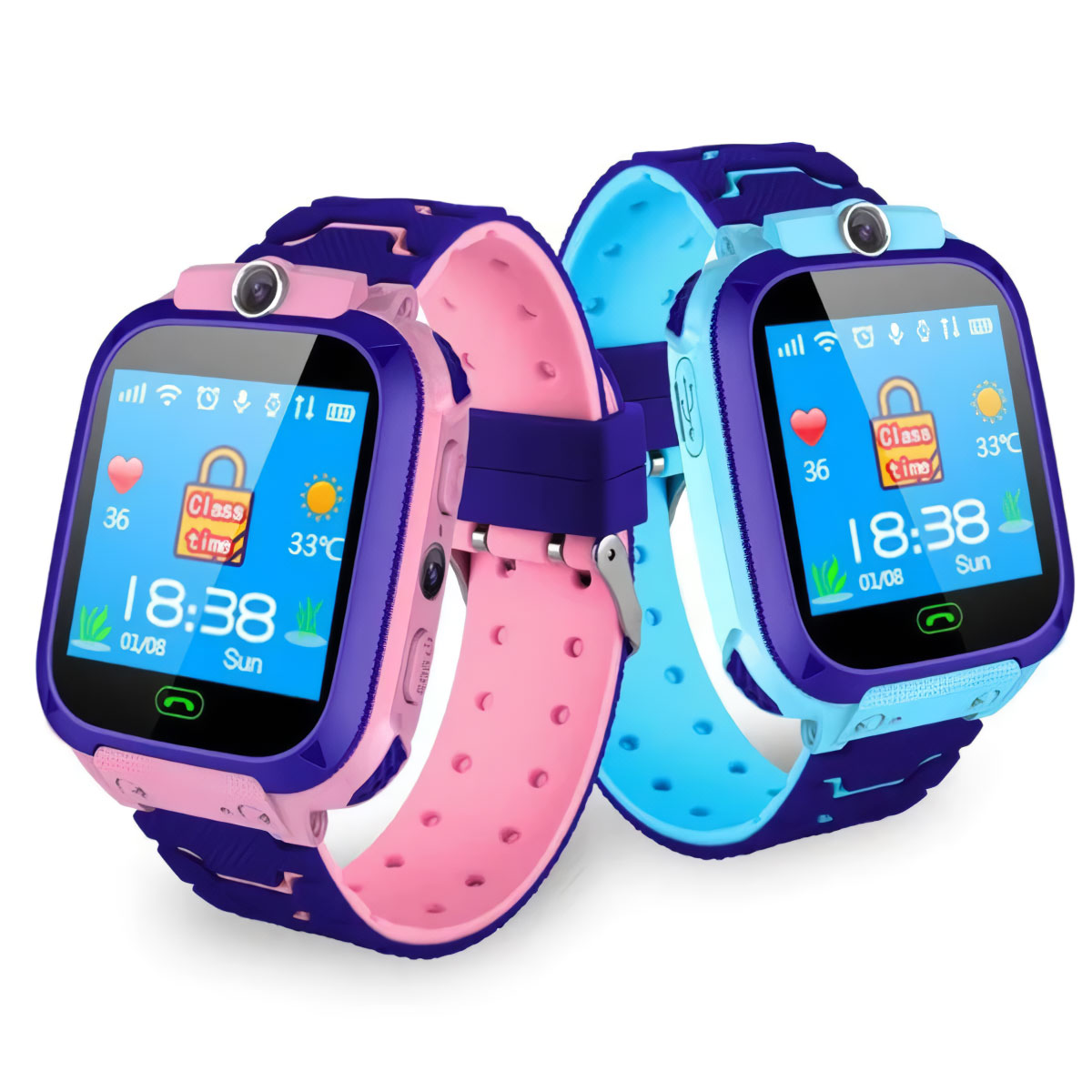 Dos smartwatches, uno rosa y otro azul. Ambos muestran la hora y tienen una cámara.