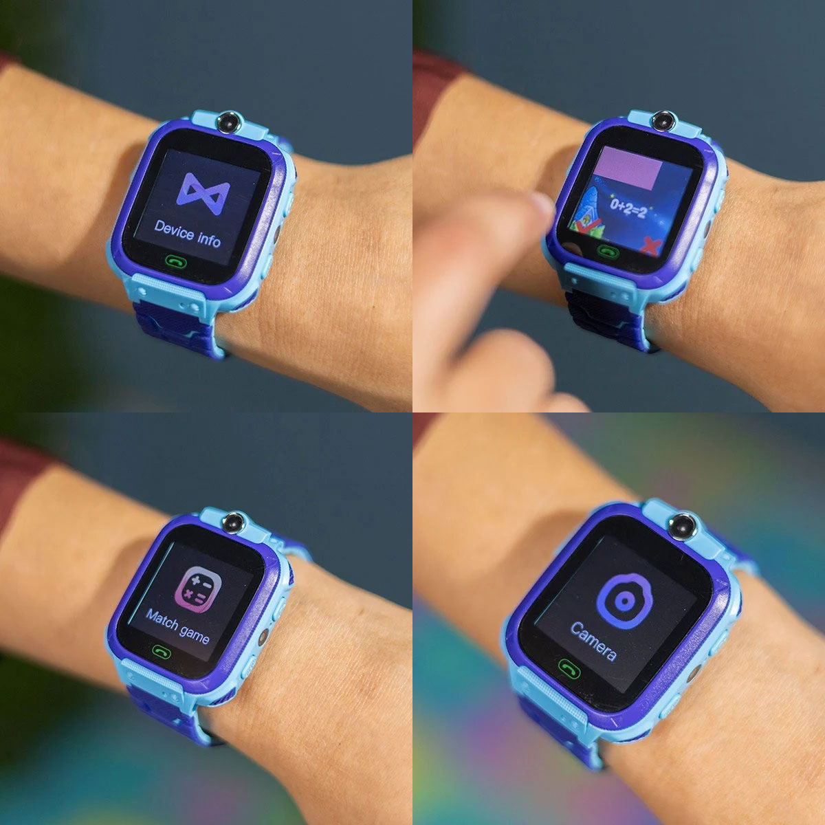 Cuatro imágenes de un smartwatch en una muñeca. El reloj muestra diferentes iconos de aplicaciones.