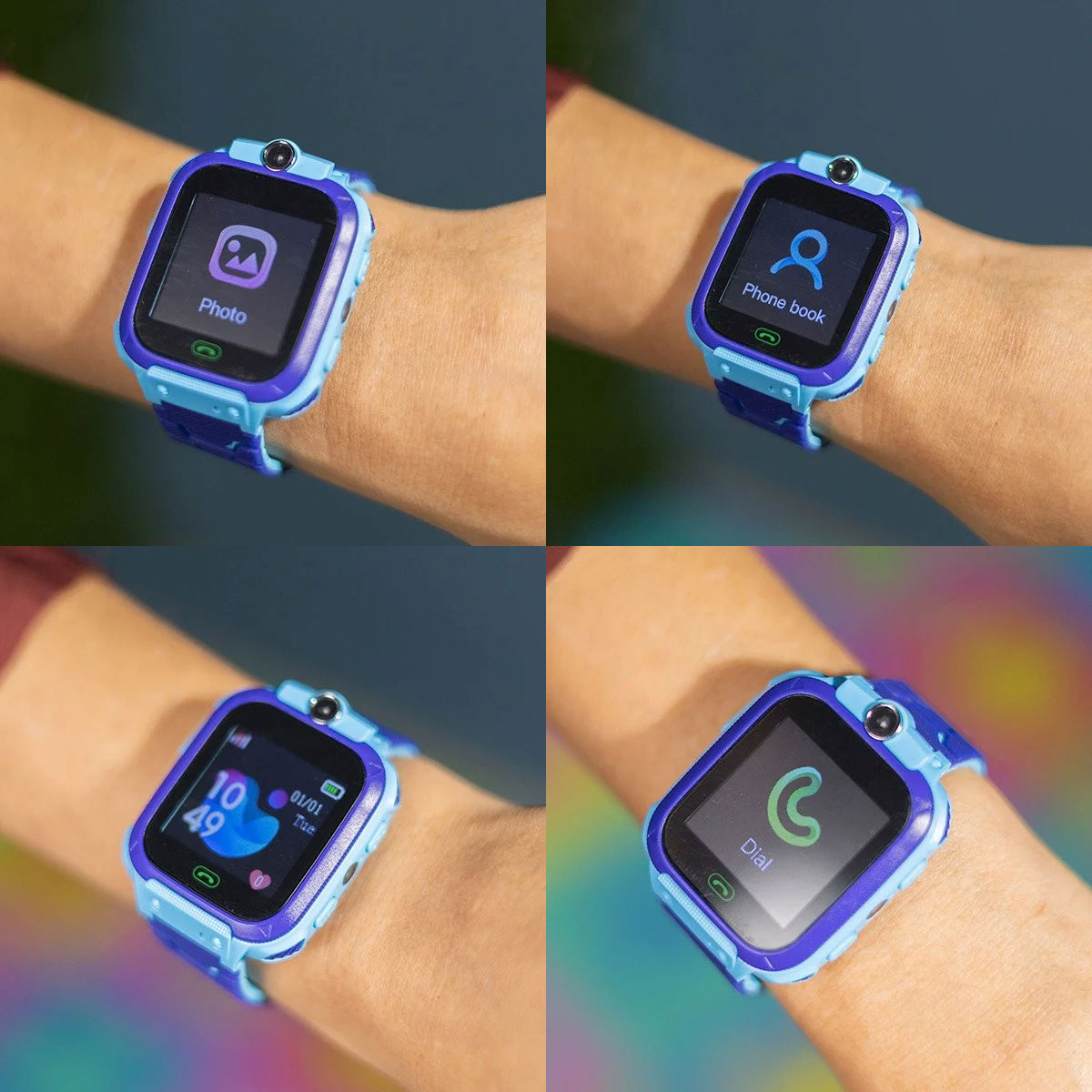 Cuatro imágenes de un smartwatch en una muñeca. El reloj muestra diferentes funciones.