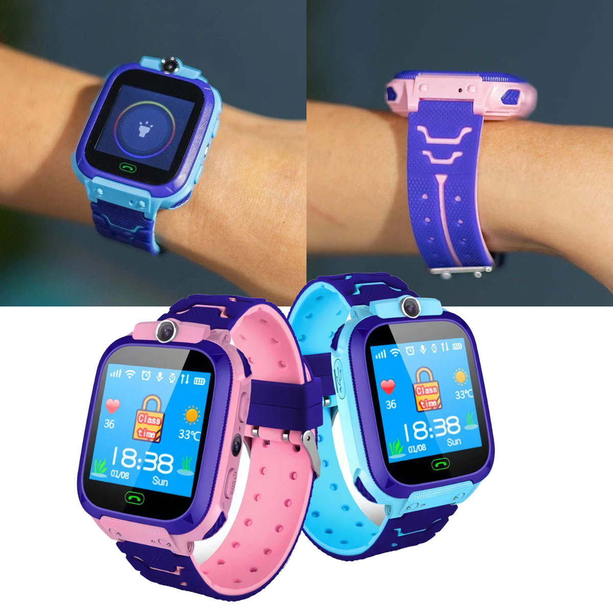 Smartwatches con correas azules y rosas, mostrando la hora.