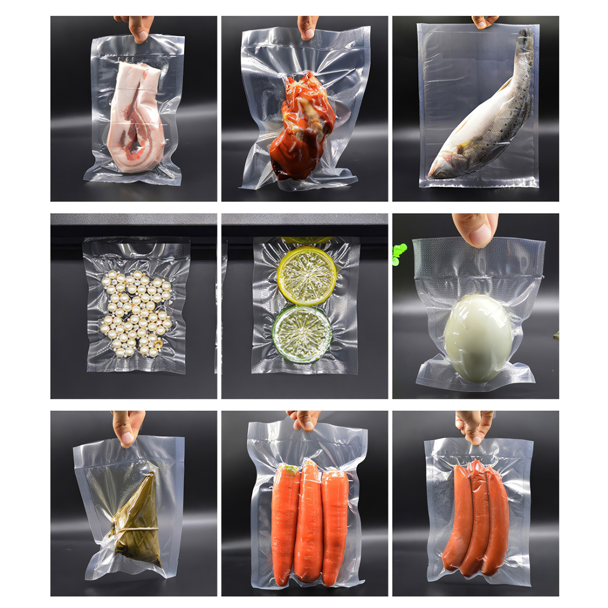 Varios alimentos en bolsas de plástico selladas al vacío.