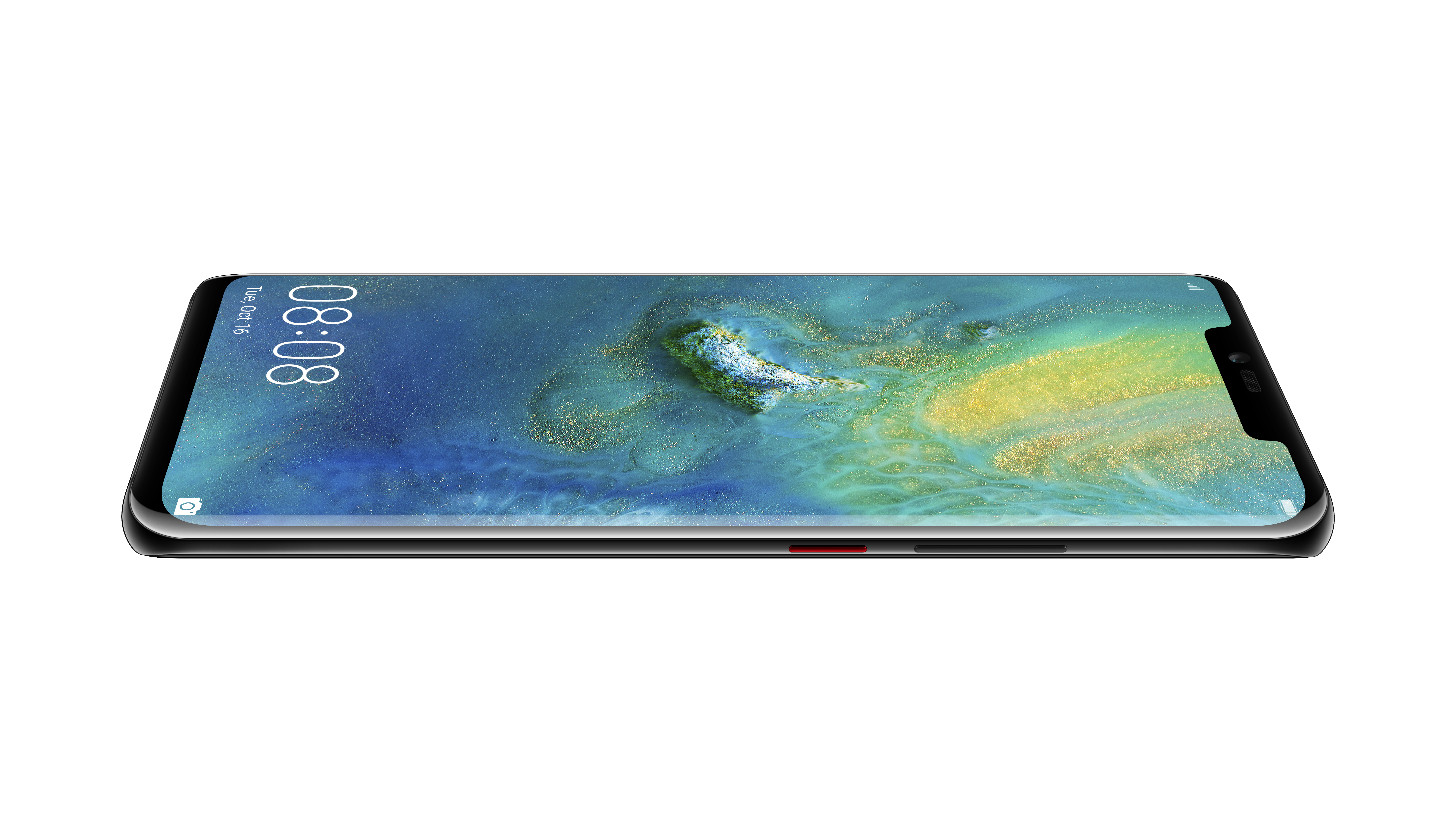 Schwarzer Smartphone-Bildschirm, der Zeit und Datum anzeigt. Das Telefon ist schwarz.