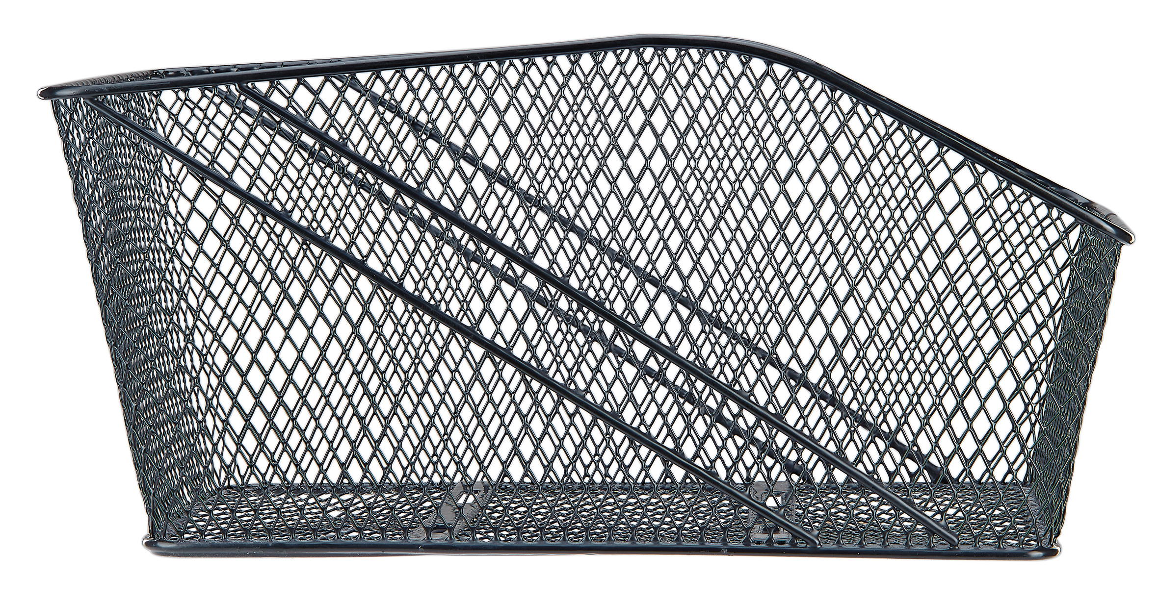 Nahaufnahme eines schwarzen Fahrradkorbs aus Metallgeflecht, von der Seite betrachtet.