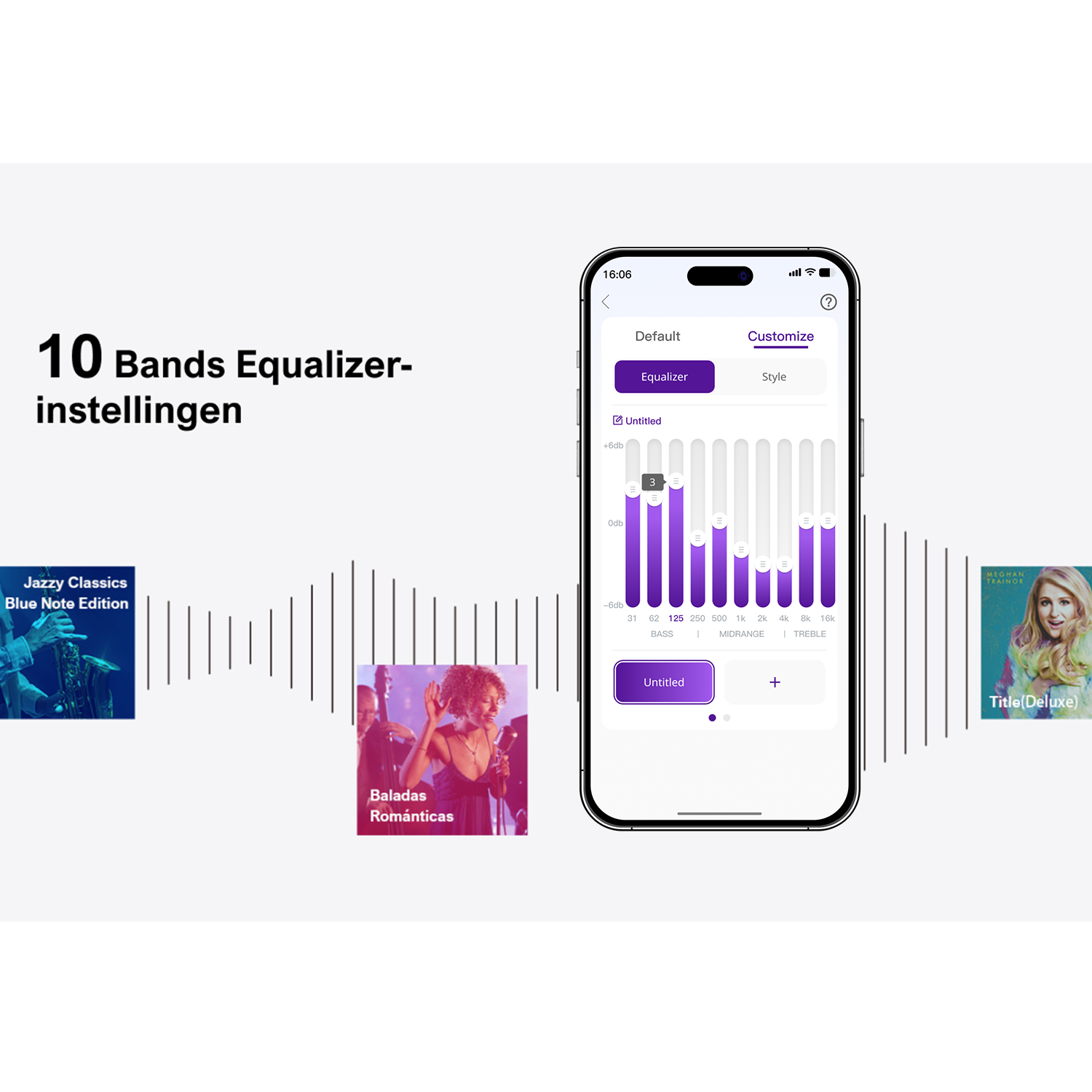 Smartphone screen with equalizer settings. Album covers are shown on the sides.