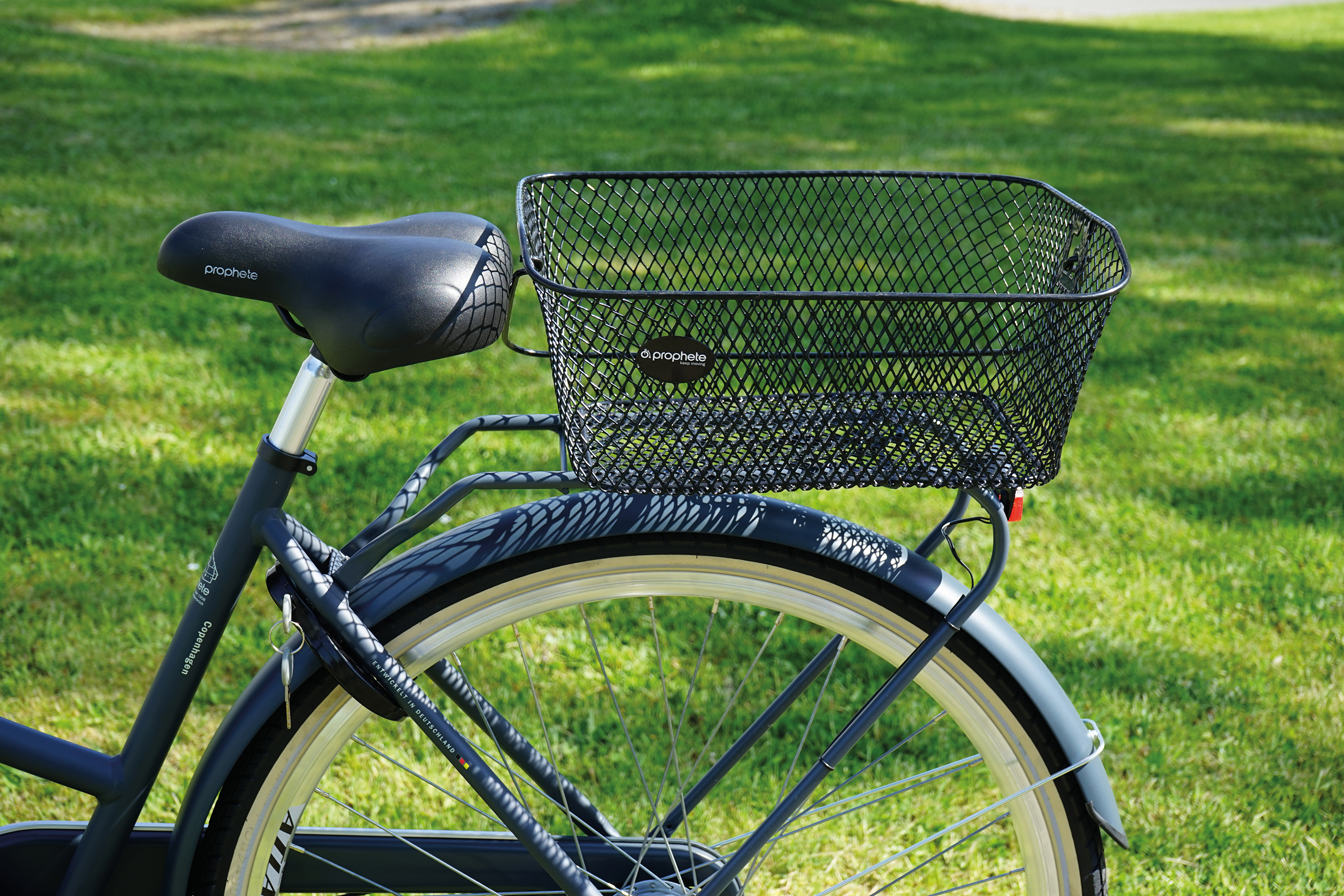 Ein dunkles Fahrrad mit einem Drahtkorb steht im hellen Sonnenlicht auf grünem Gras.