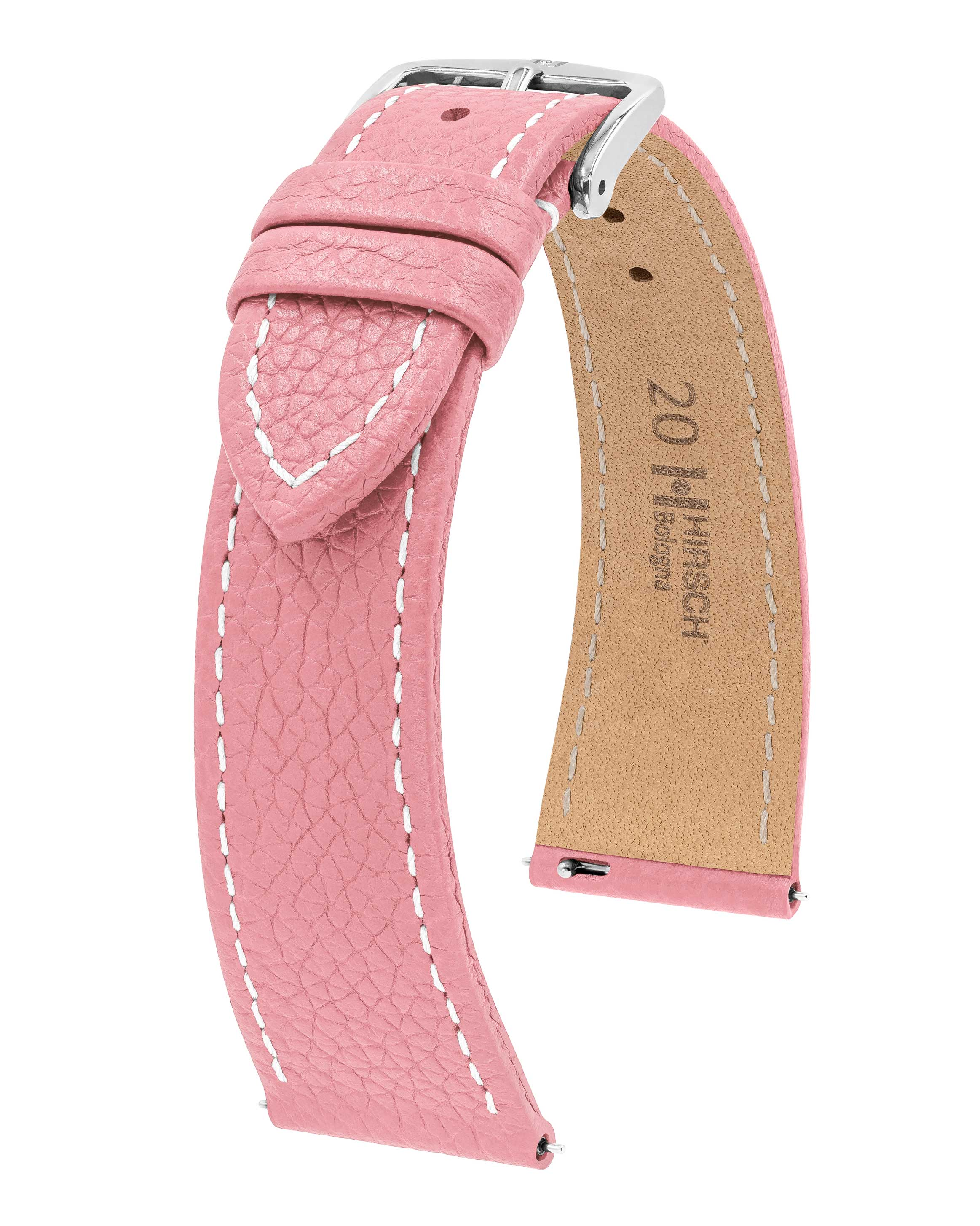 Hellrosa Uhrenarmband aus Leder mit weißen Nähten und einer silbernen Schnalle.