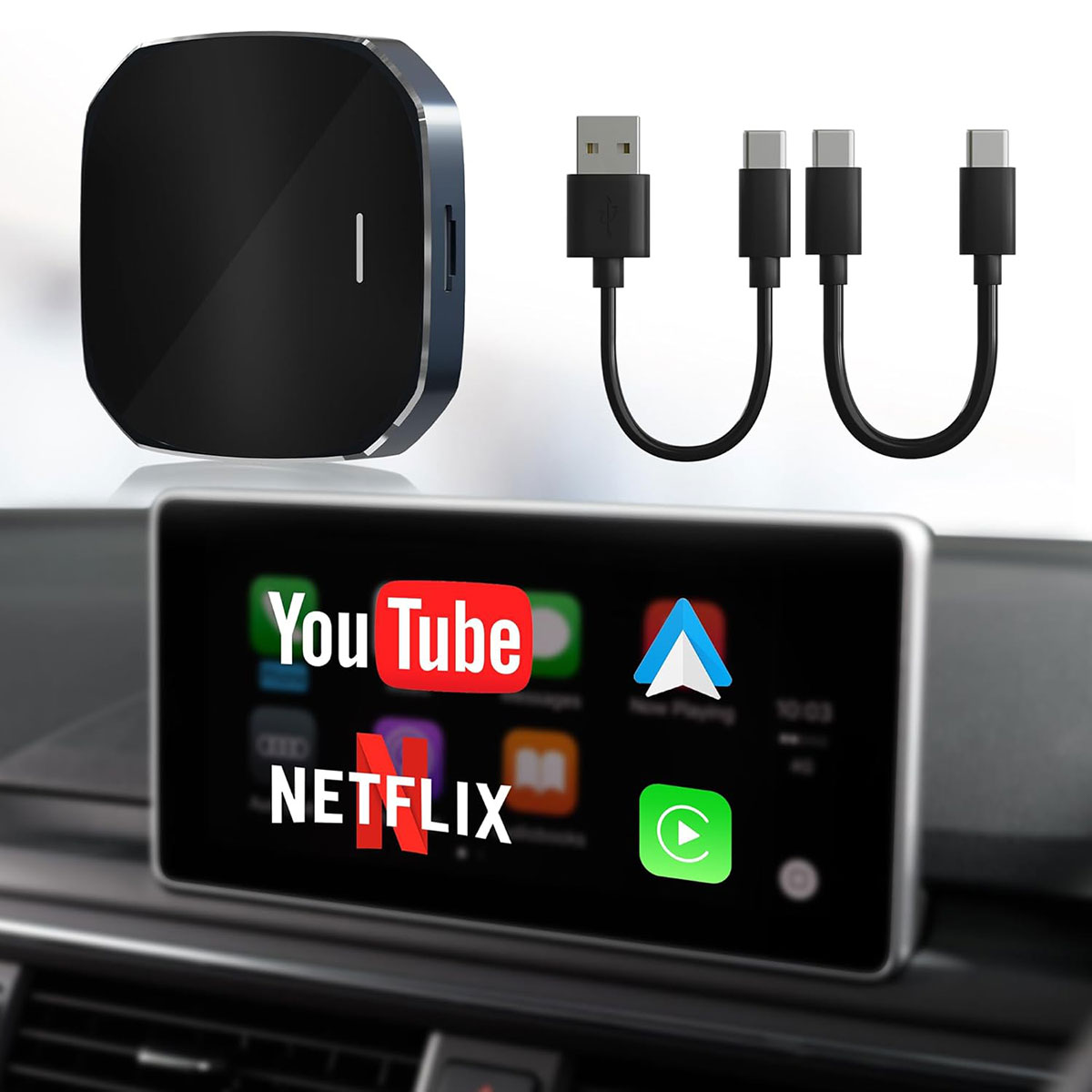 Pantalla de coche mostrando apps como YouTube y Netflix, cables y dispositivo negro.