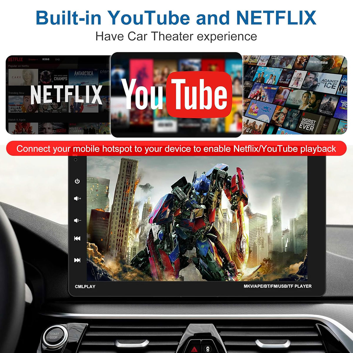 Sistema multimedia para coche que muestra iconos de YouTube y Netflix, y un gráfico de un robot en la pantalla.