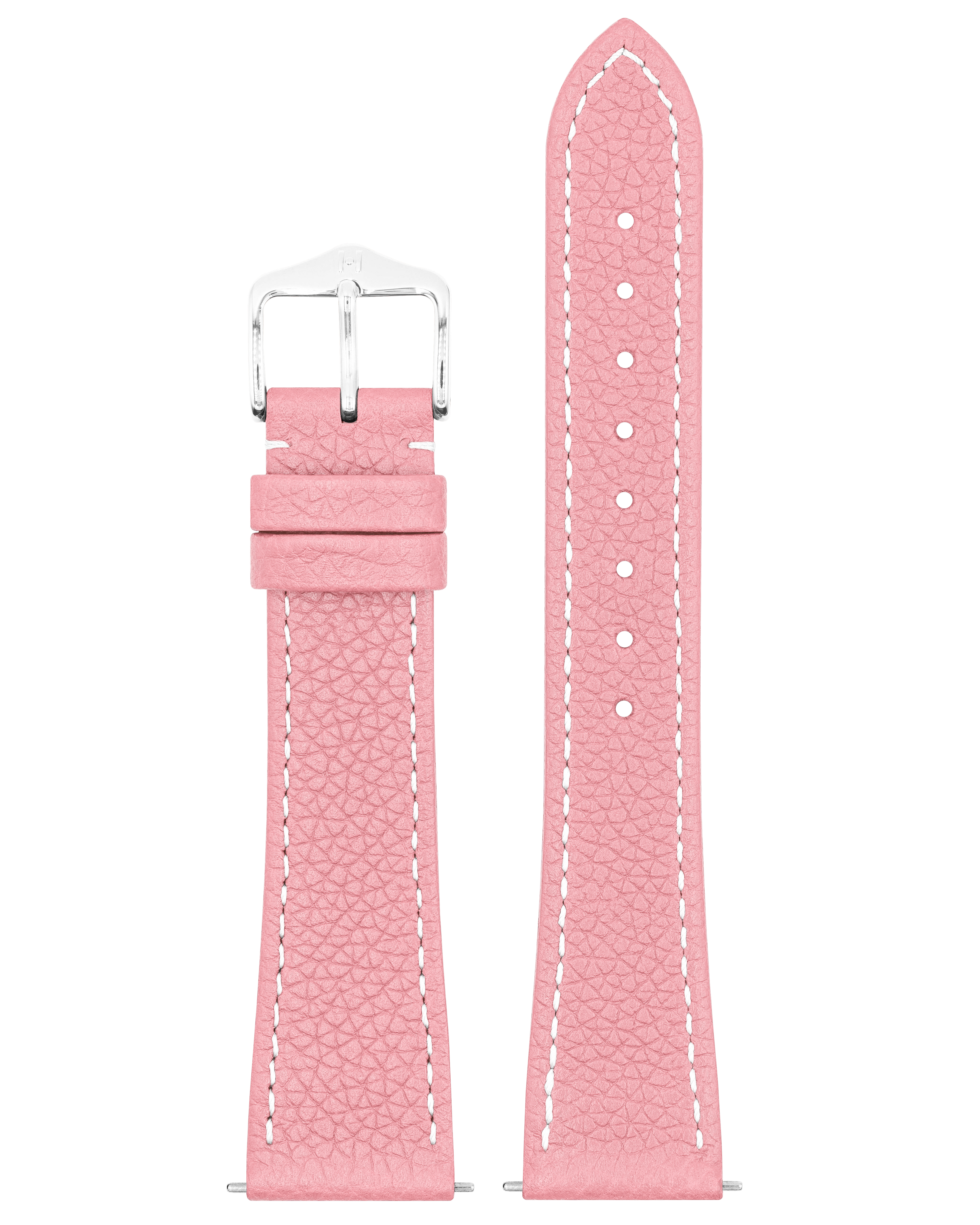 Rosa Lederarmband mit weißen Nähten und einer silbernen Schnalle. Der Riemen ist vor weißem Hintergrund.