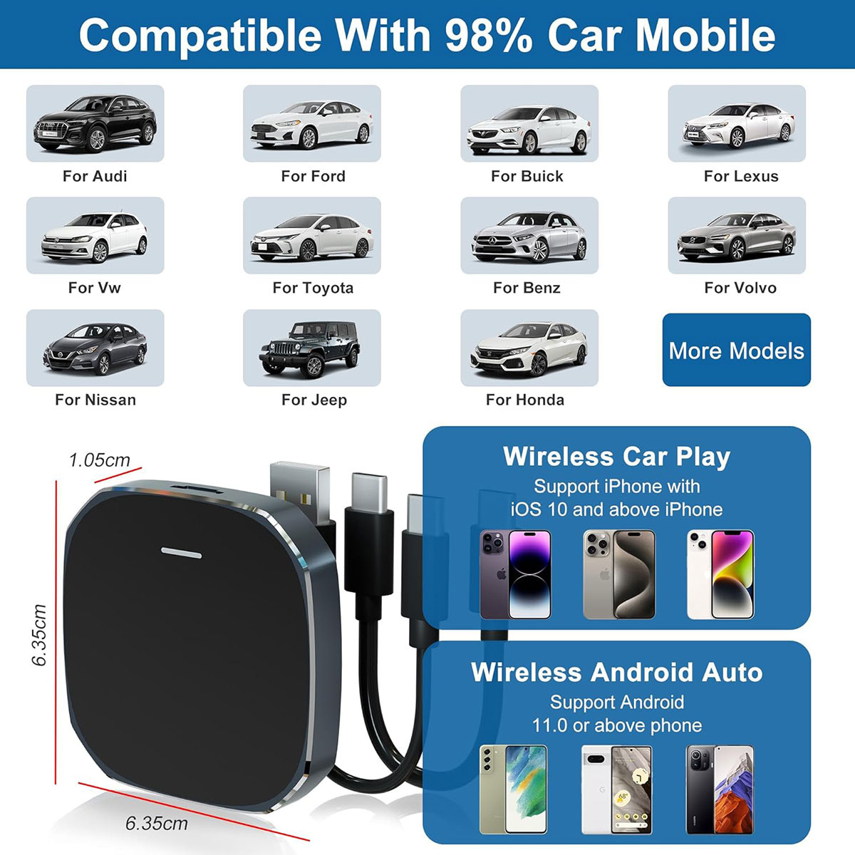 Adaptador CarPlay inalámbrico negro, 6.35cm x 6.35cm x 1.05cm, con teléfonos y conexiones de cable.