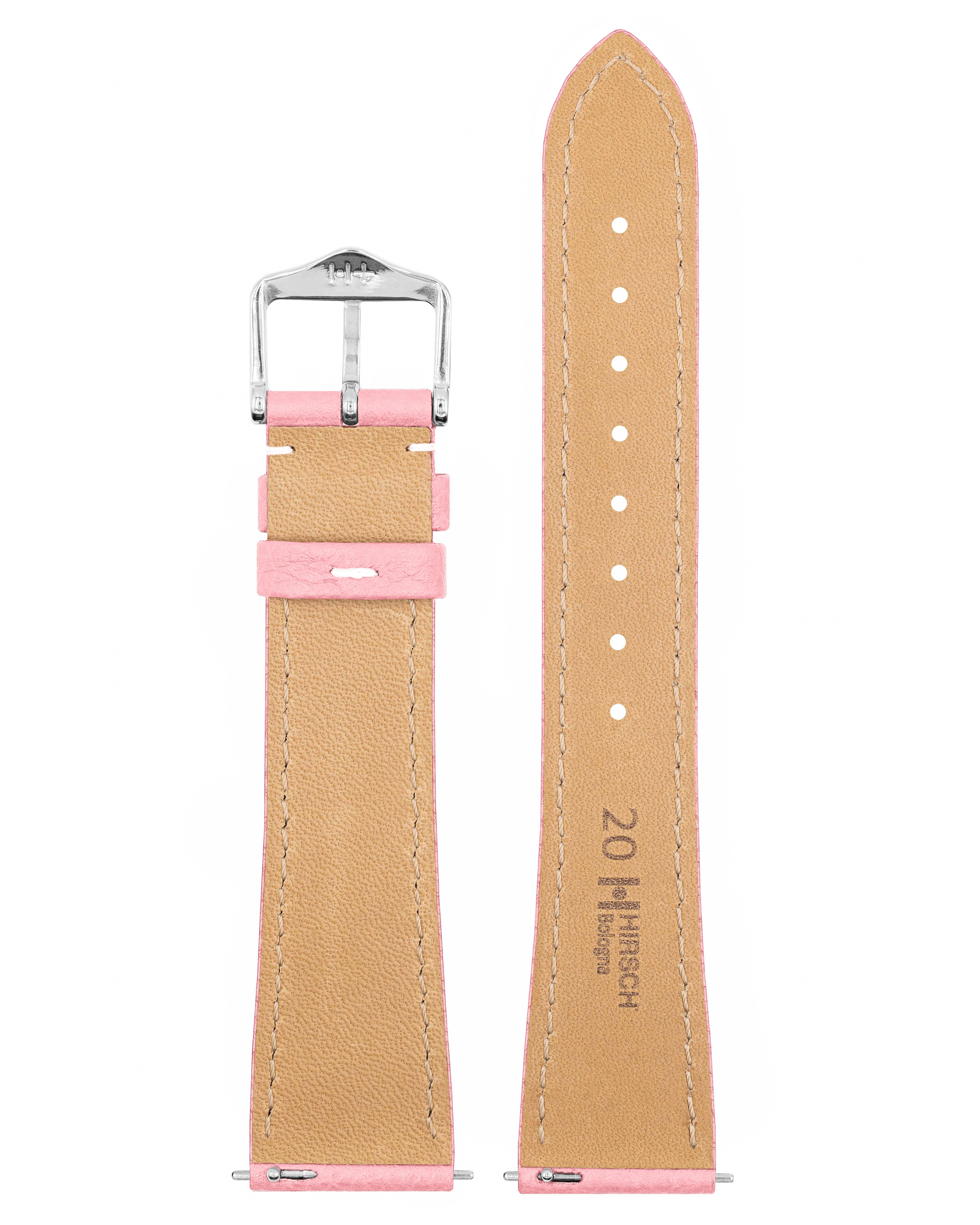 Rosa Uhrenarmband mit silberner Schnalle und beigem Hintergrund, mit Markenlogo.