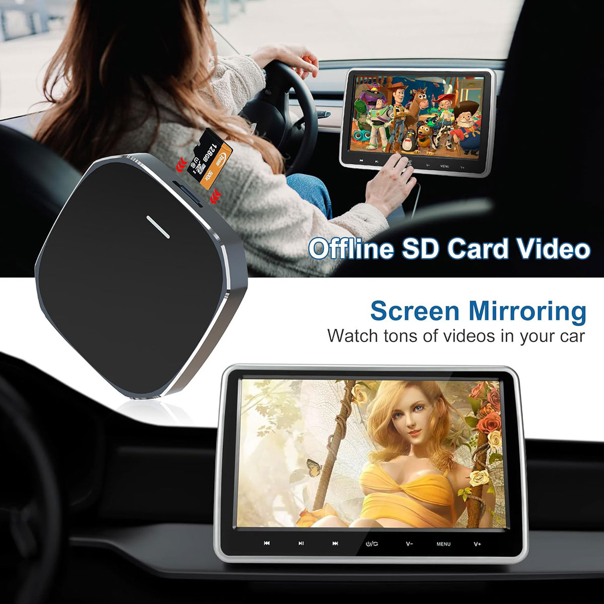 Un dispositivo negro conectado a una pantalla, mostrando videos, con una persona en el coche.