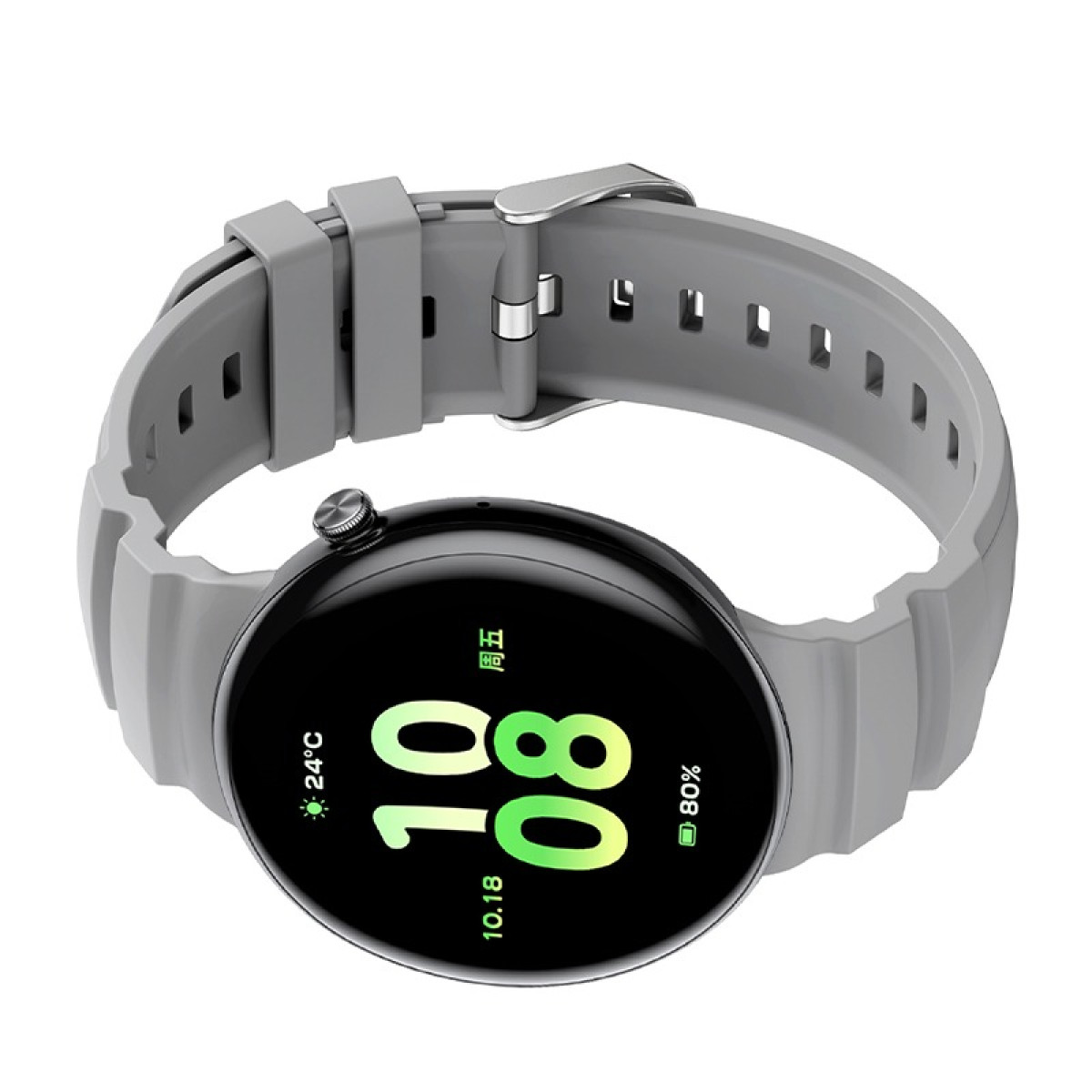 Graue Smartwatch mit schwarzem, rundem Display, das Zeit und Akkustand anzeigt; graues Armband.
