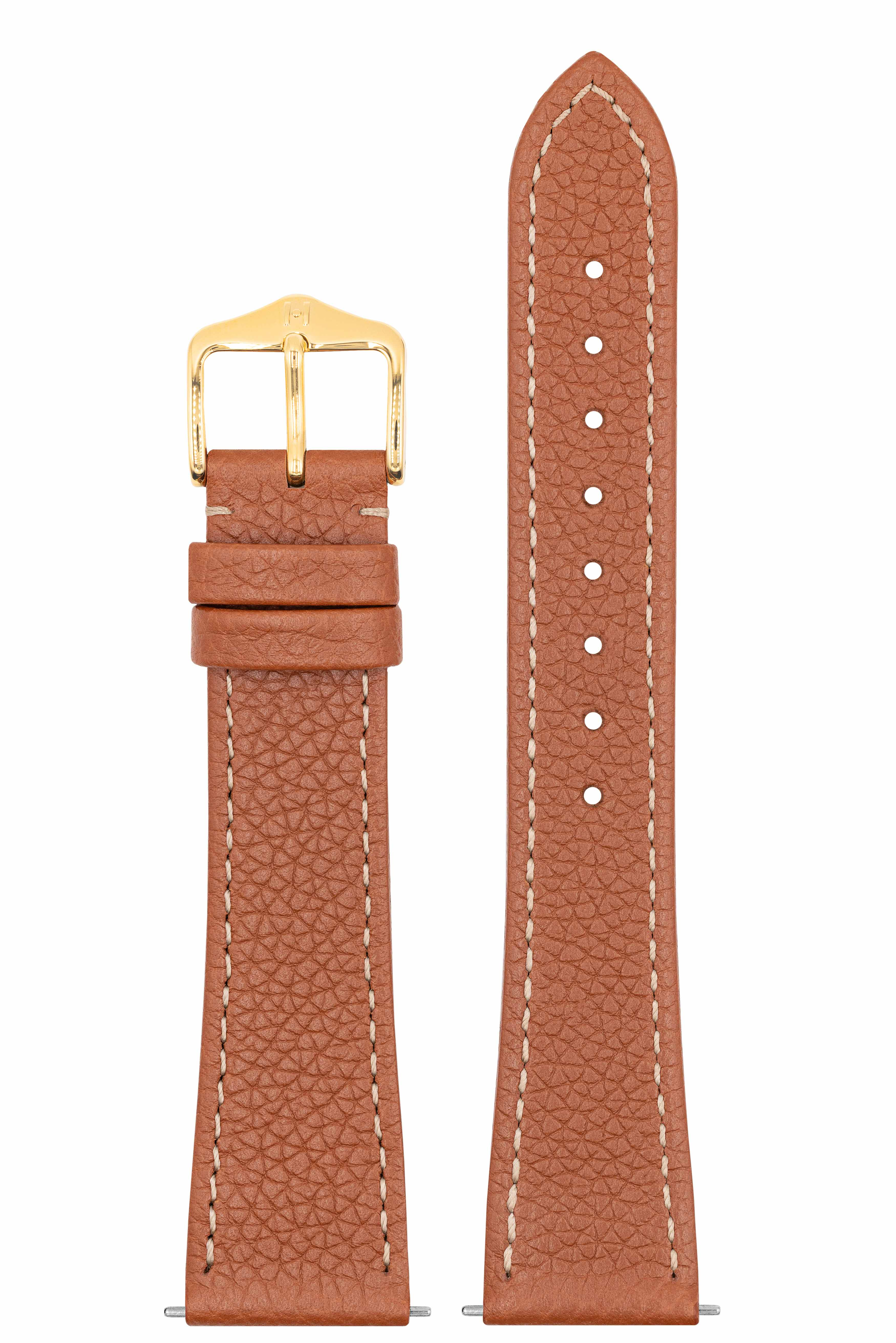 Braunes Lederarmband mit goldener Schnalle und weißen Nähten. Weißer Hintergrund. Die Innenseite ist beige.