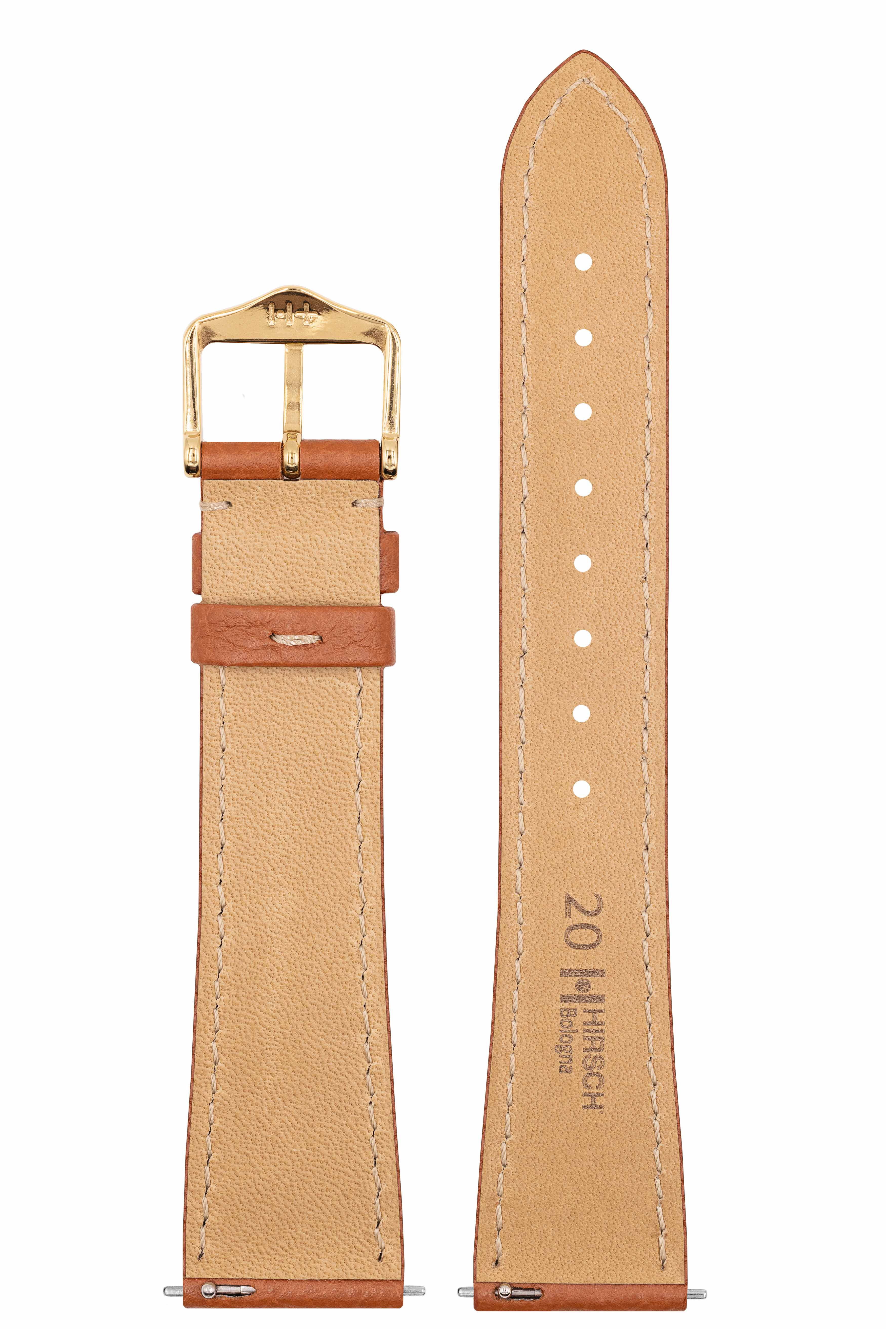 Braunes Uhrenarmband, beige Innenseite mit dem Text „20 HIRSCH Bologna“. Weiße Nähte. Goldene Schnalle.