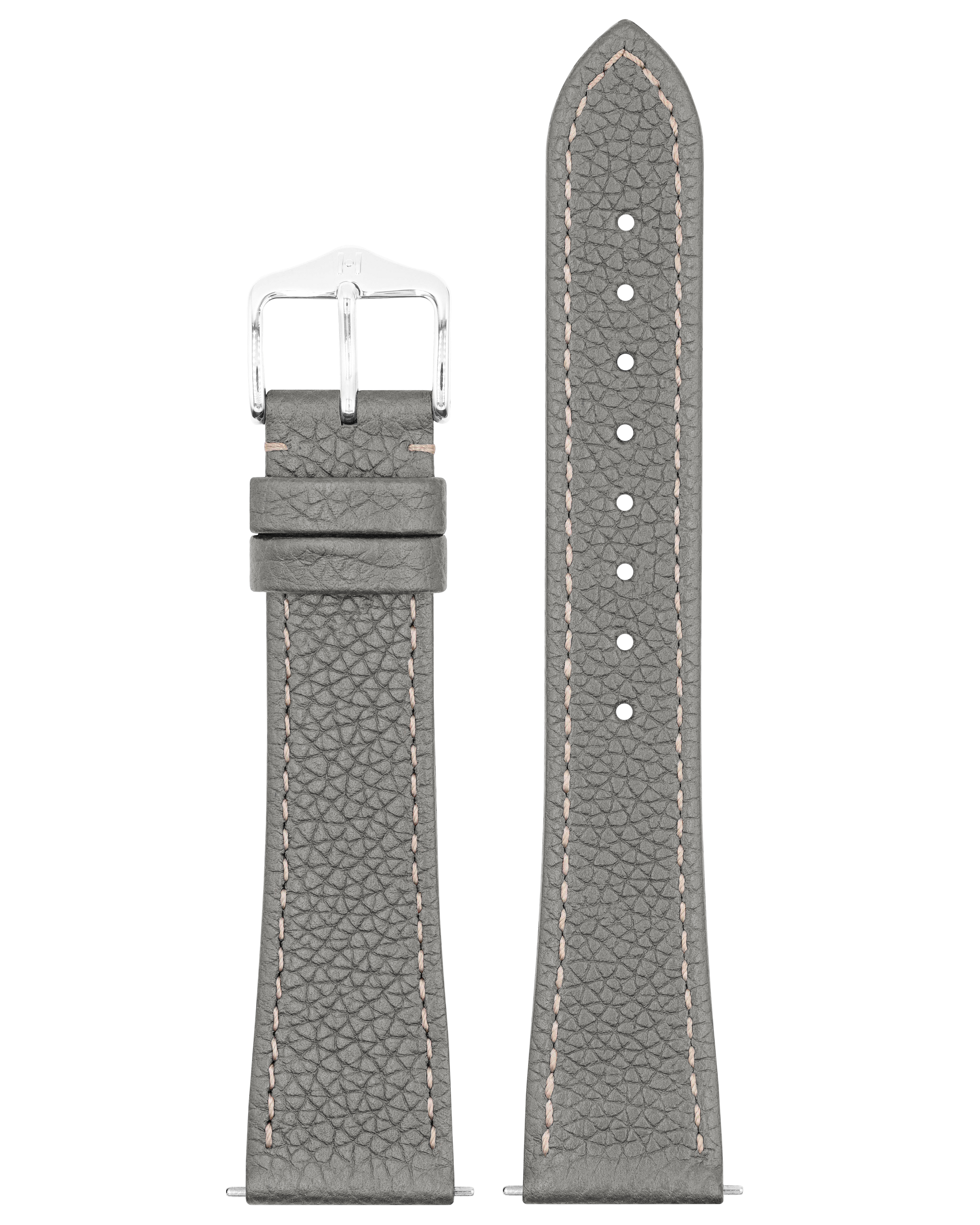 Graues Lederarmband mit silberner Schnalle und weißen Nähten. Weißer Hintergrund. Innen beige.