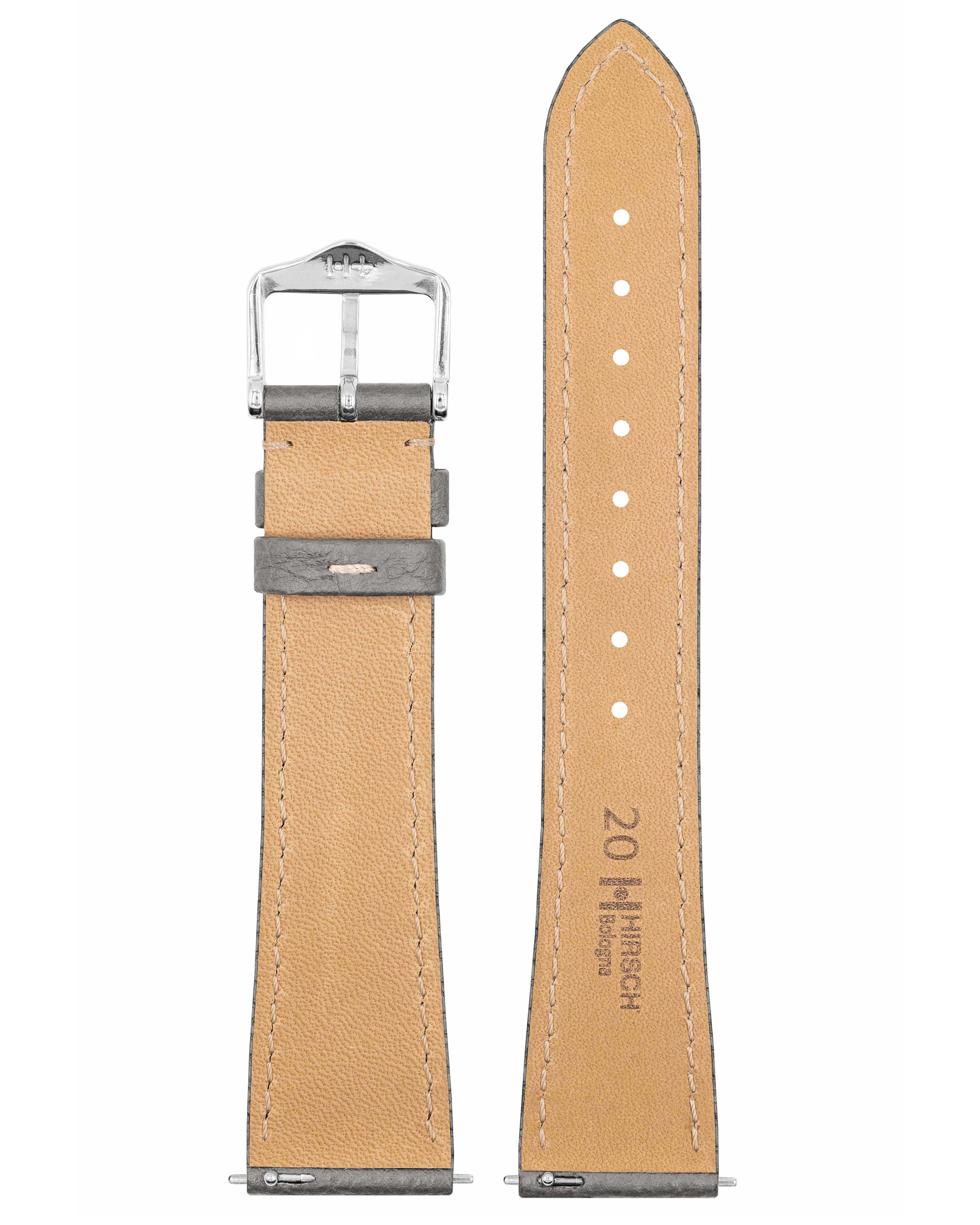 Graues Uhrenarmband. Beige Innenseite mit „20 HIRSCH Bologna“. Weiße Nähte. Silberne Schnalle.