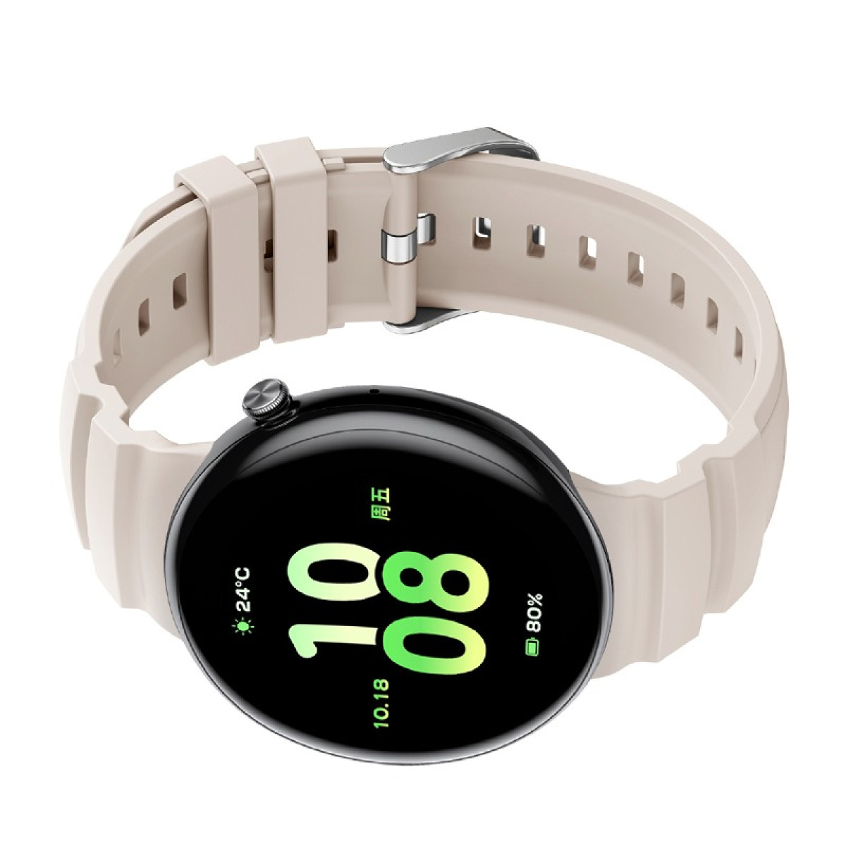 Beige Smartwatch mit rundem Zifferblatt. Zeigt Zeit, Datum, Temperatur und Akkulaufzeit an.