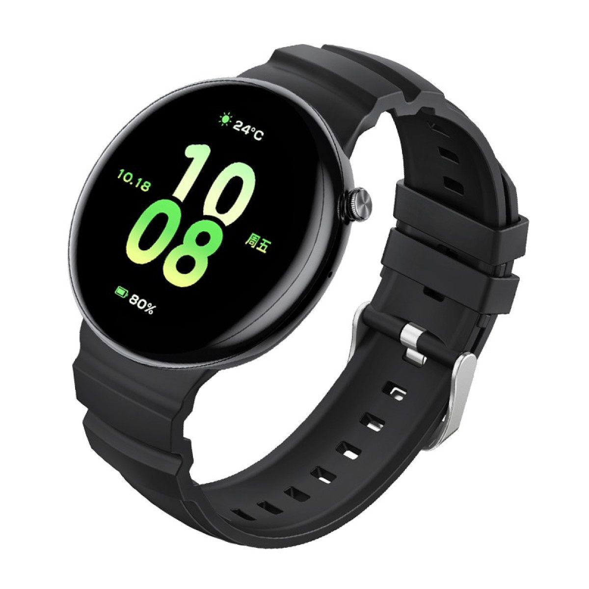 Schwarze Smartwatch mit rundem Zifferblatt. Zeigt Zeit, Datum, Akku und Temperatur grün an.
