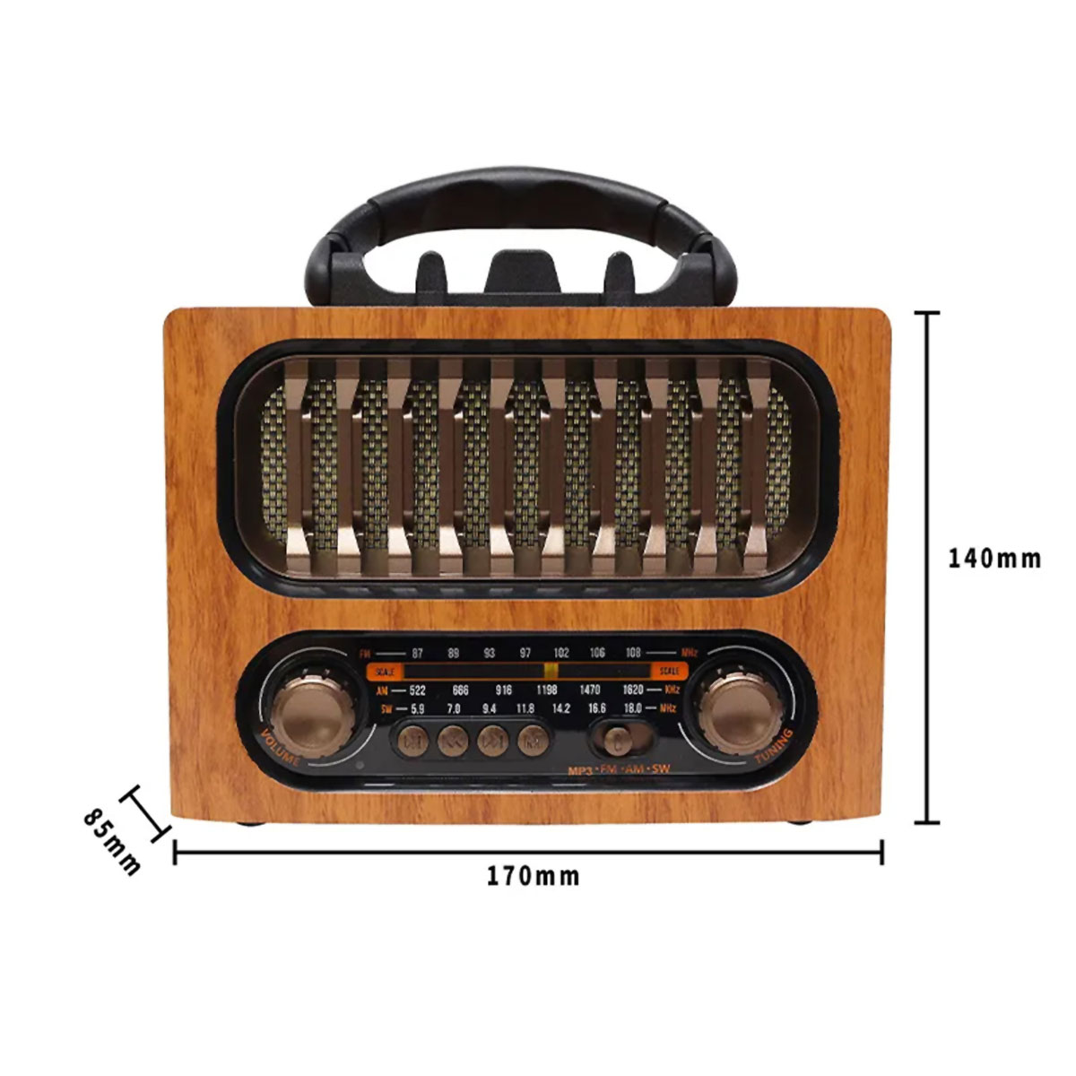 Radio retro de madera. Tiene un asa, altavoz y diales de sintonización, con dimensiones.