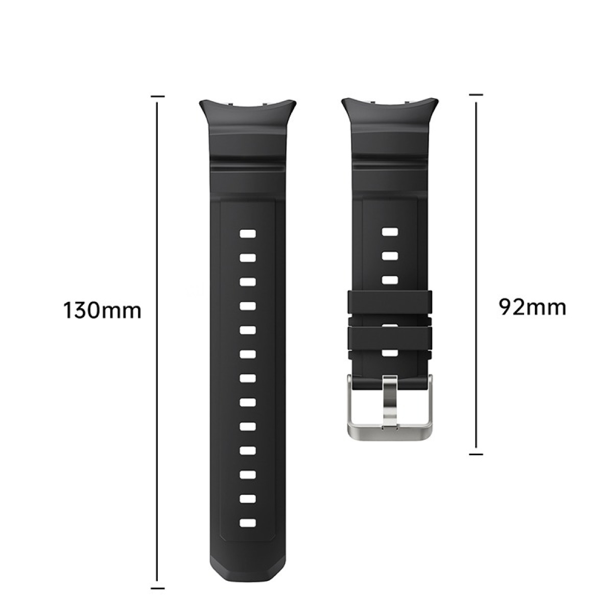 Zwei schwarze Uhrenarmbänder mit Angabe der Abmessungen.
