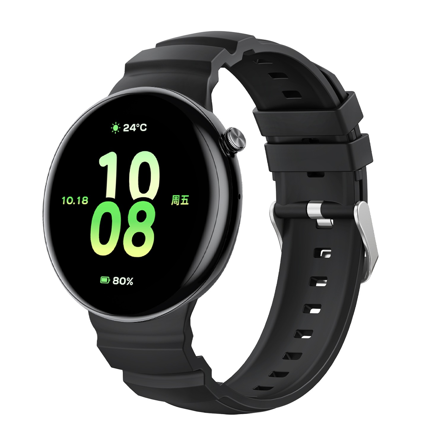Schwarze Smartwatch mit rundem Zifferblatt. Zeigt Zeit, Datum, Temperatur und Akkulaufzeit an.