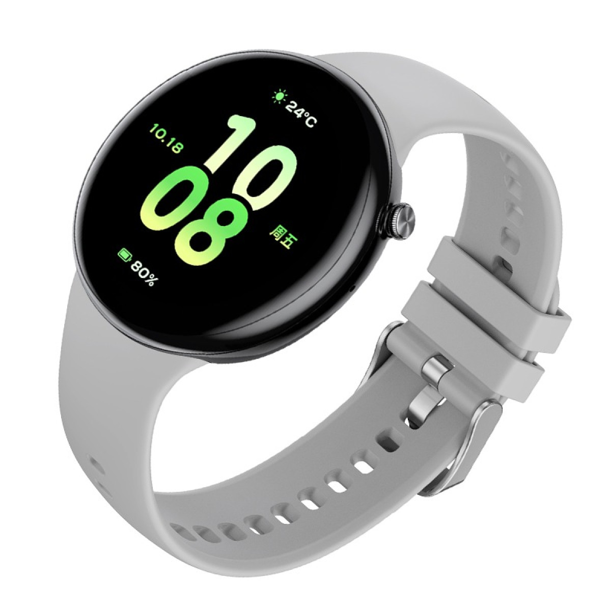 Graue Smartwatch mit Digitalanzeige, die Zeit, Datum, Temperatur und Akkulaufzeit anzeigt. Graues Armband.
