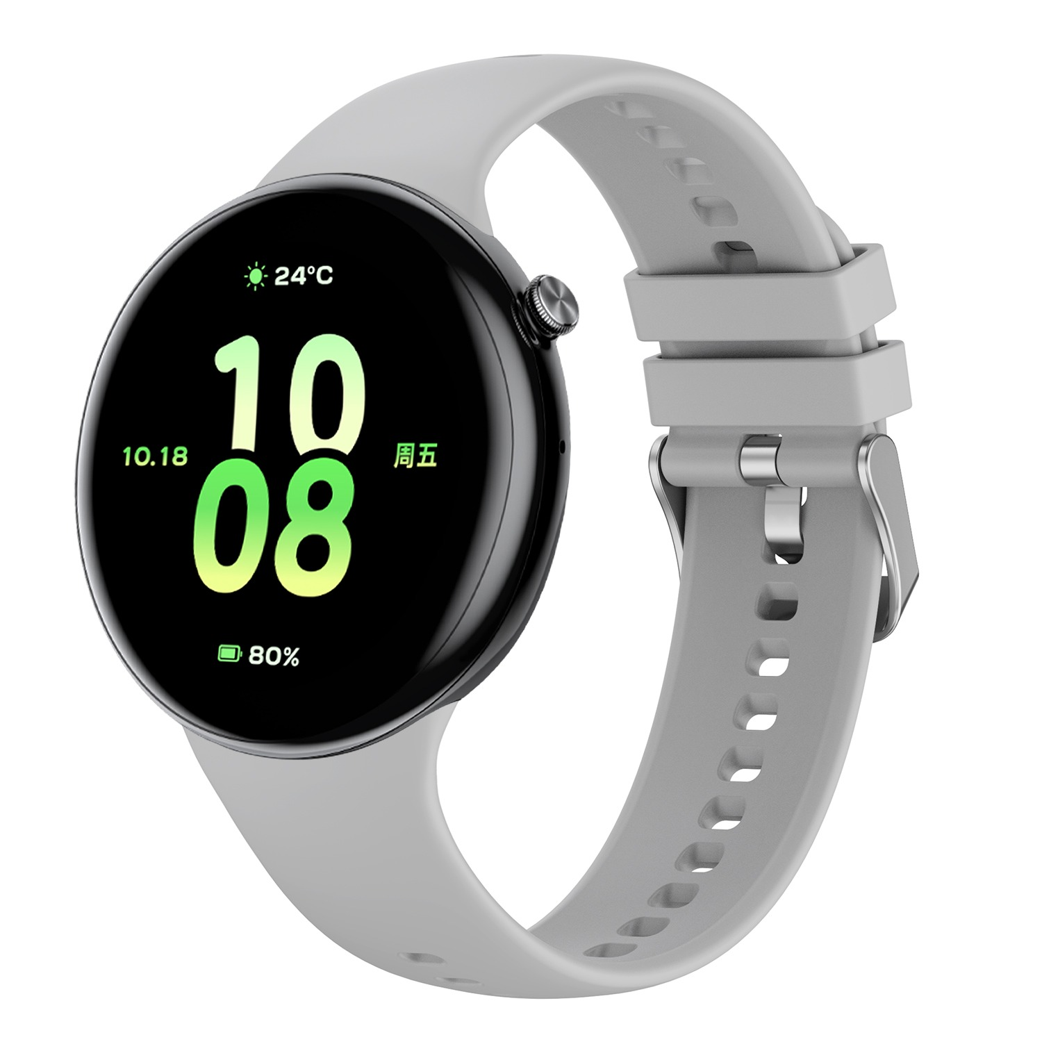 Graue Smartwatch mit Digitalanzeige, die Zeit, Datum, Temperatur und Akkulaufzeit anzeigt. Graues Armband.