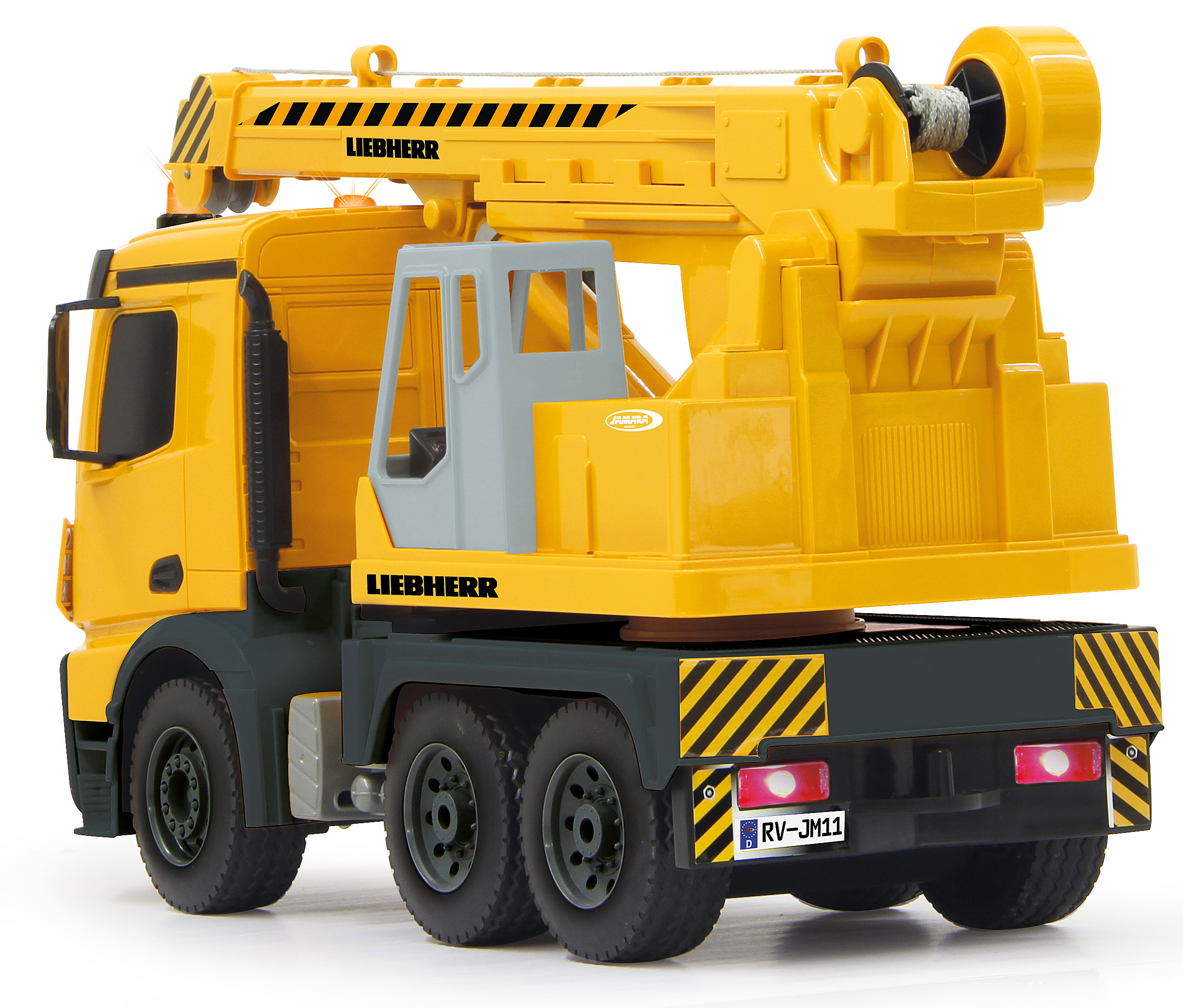 Rückansicht eines gelben Spielzeugkrans mit dem LIEBHERR-Logo.