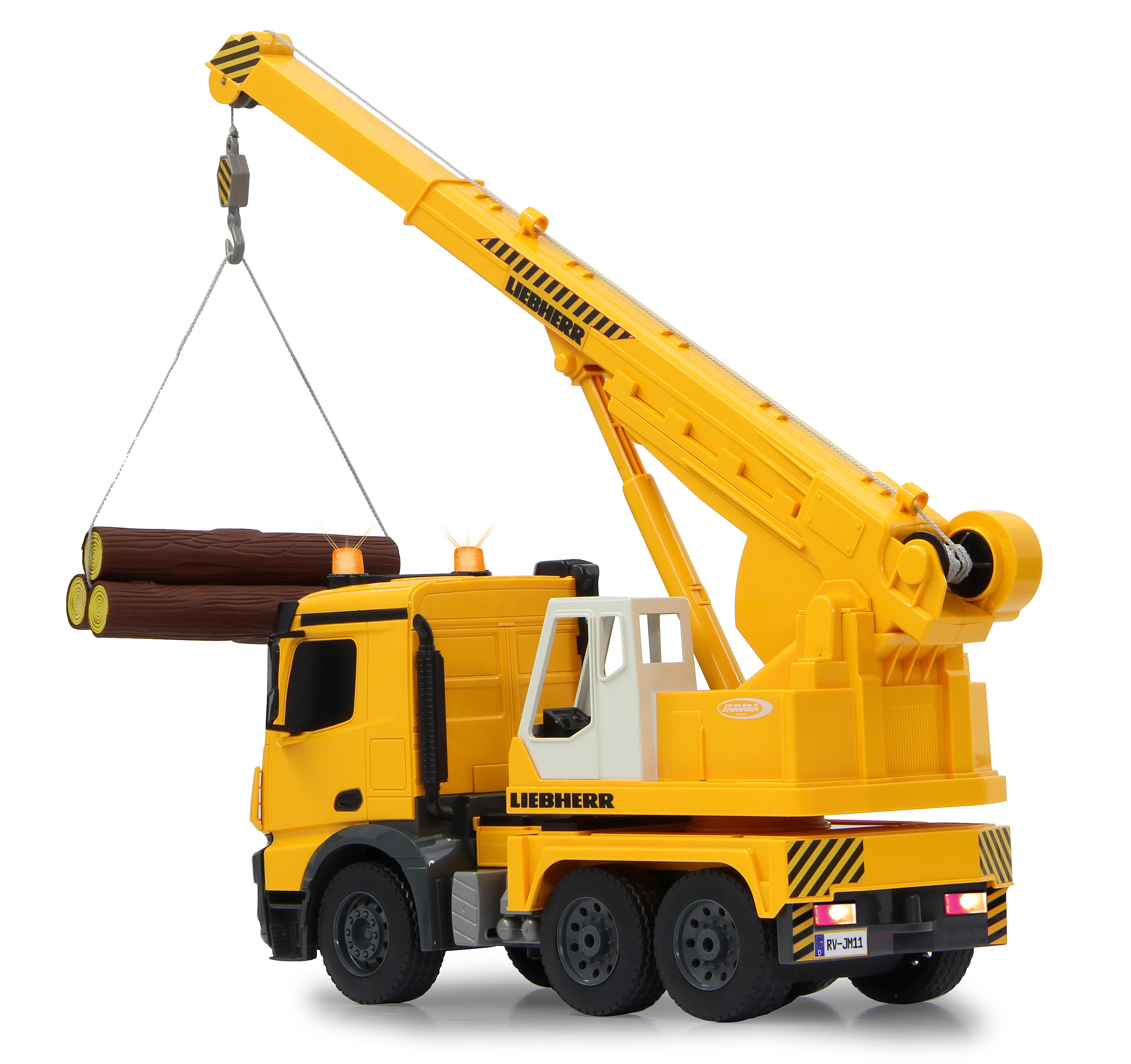 Ein gelber Spielzeugkrans, der Stämme mit dem LIEBHERR-Logo hebt.