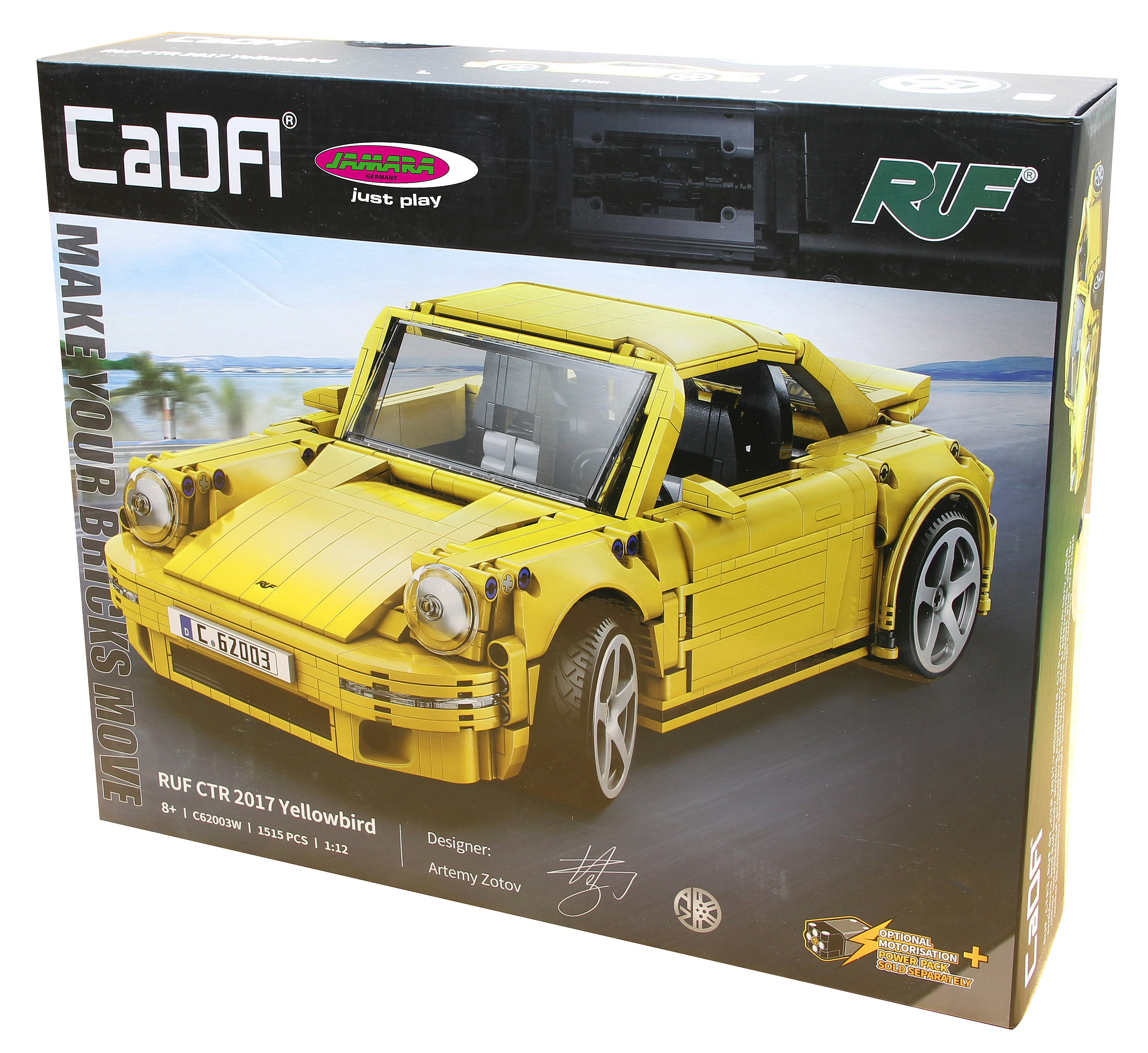 Eine Spielzeugauto-Kiste mit einem gelben Sportwagen auf der Vorderseite.