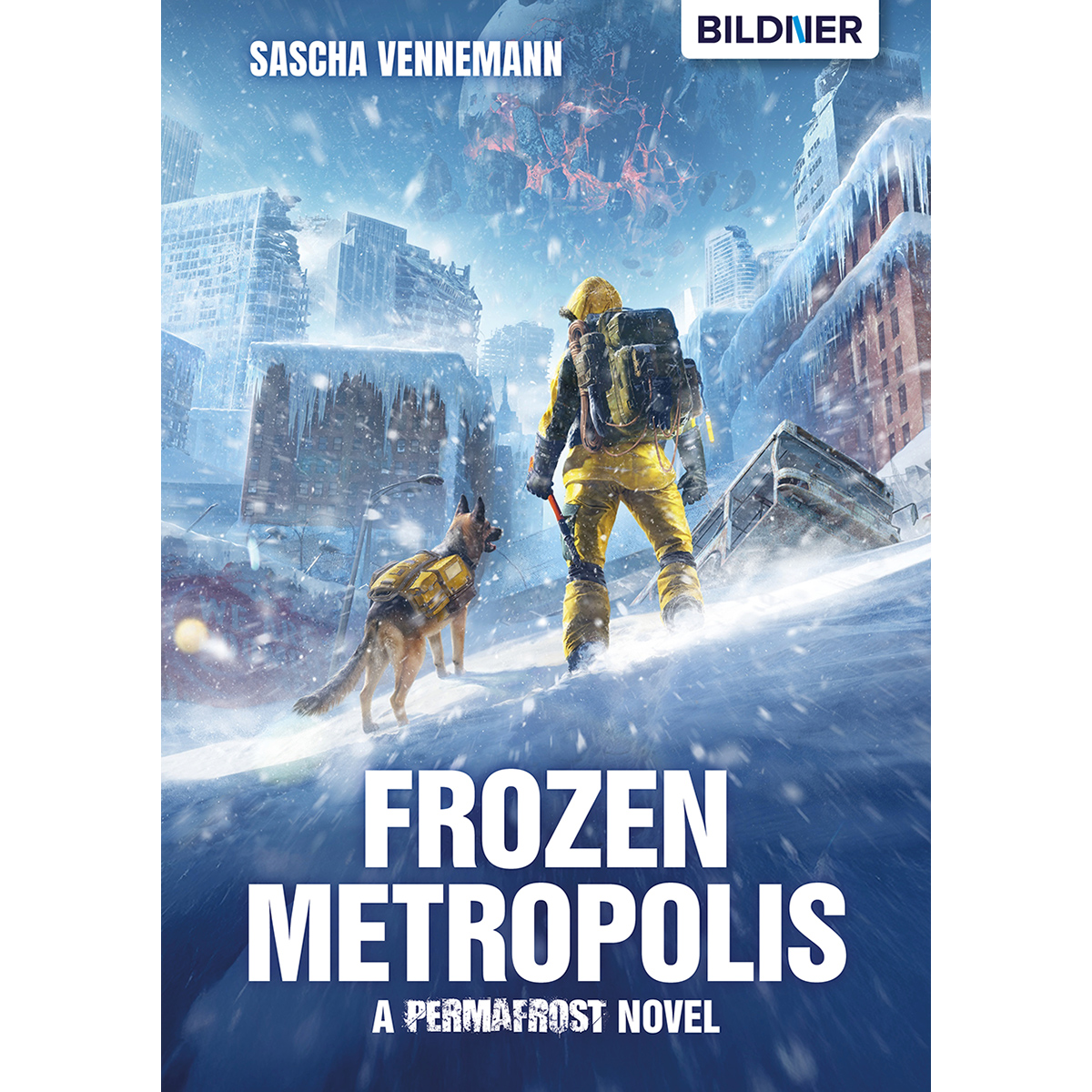 Buchcover 'Frozen Metropolis'. Eine Person in Gelb geht mit einem Hund in einer verschneiten Stadt. Titel unten.