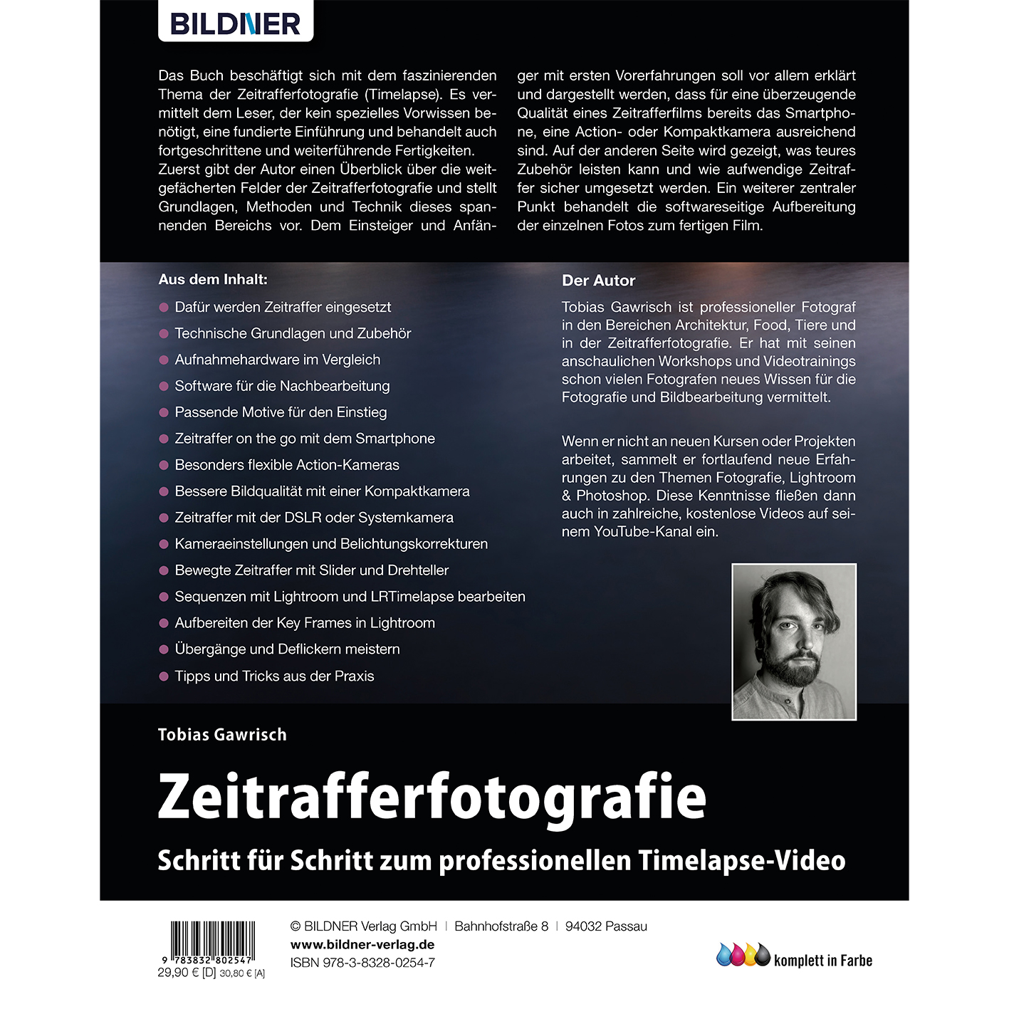Buchcover 'Zeitrafferfotografie'. Foto des Autors rechts. Schwarz-weißer Hintergrund, Text und Bilder.
