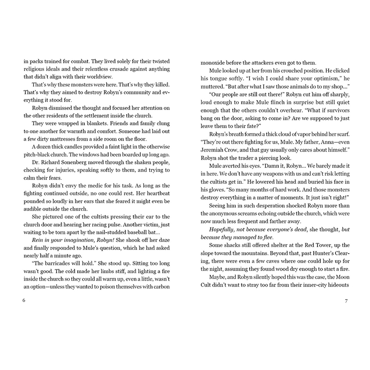 Text von einer Romanseite. Der Text beschreibt eine Szene in einer Kirche, mit Kultisten und den Gedanken und Handlungen einer Frau.