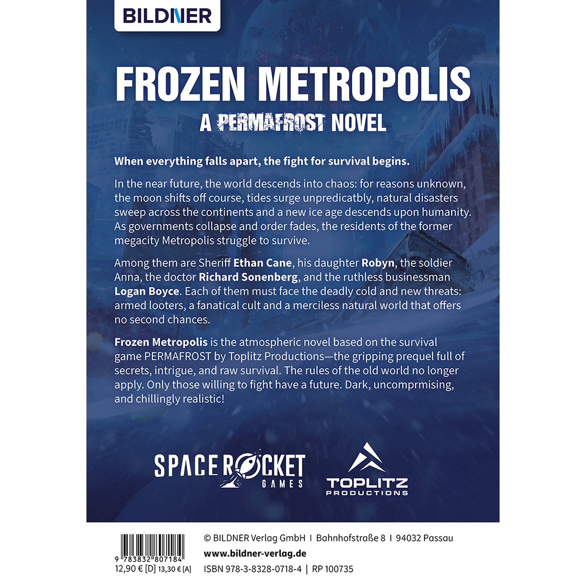 Buchcover mit dem Titel 'Frozen Metropolis', ein Permafrost-Roman. Es zeigt eine verschneite Stadt und den Titel und Autor des Buches.