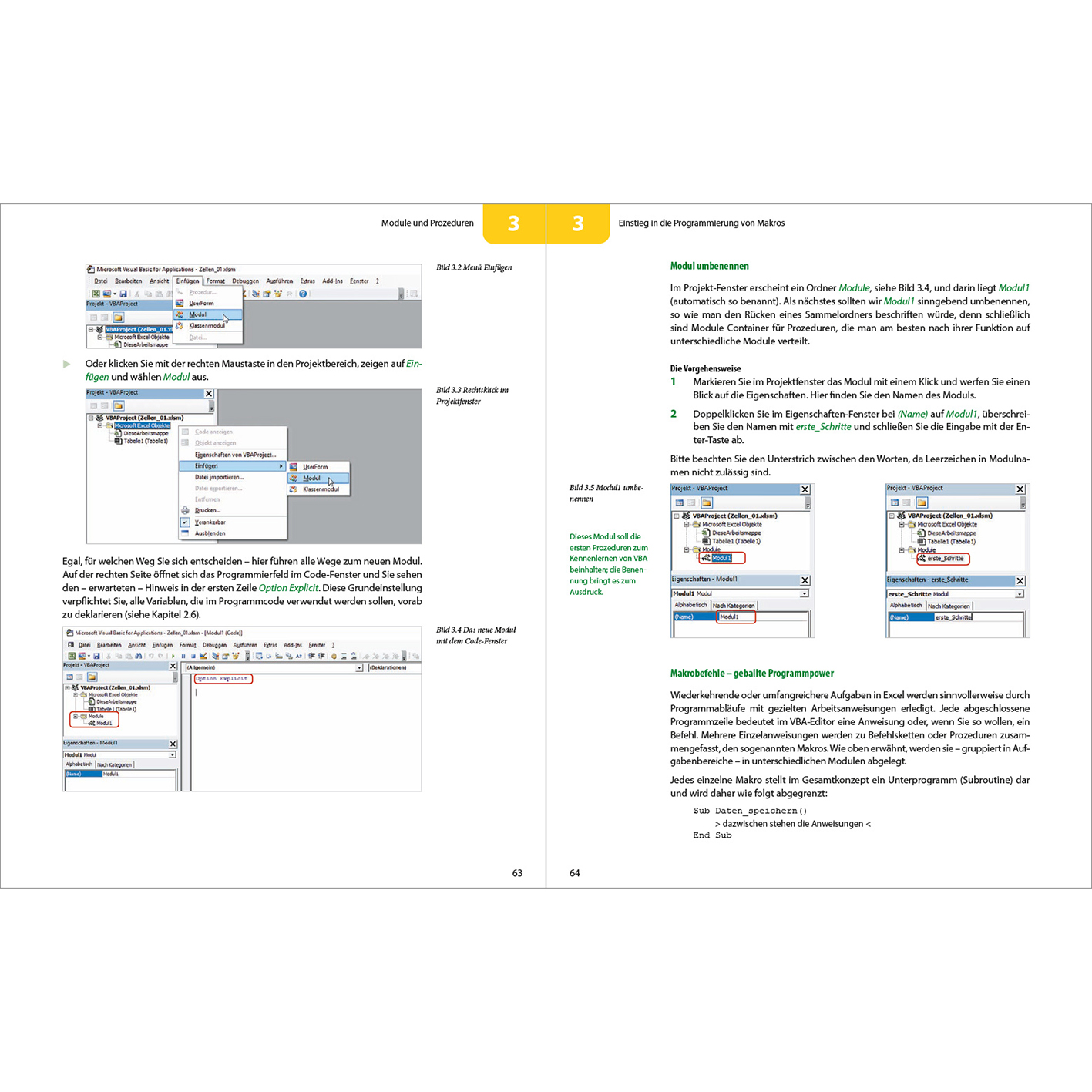 Seiten aus einem Buch über Excel-VBA. Screenshots von Excel-Fenstern und VBA-Code werden mit Textanweisungen gezeigt.