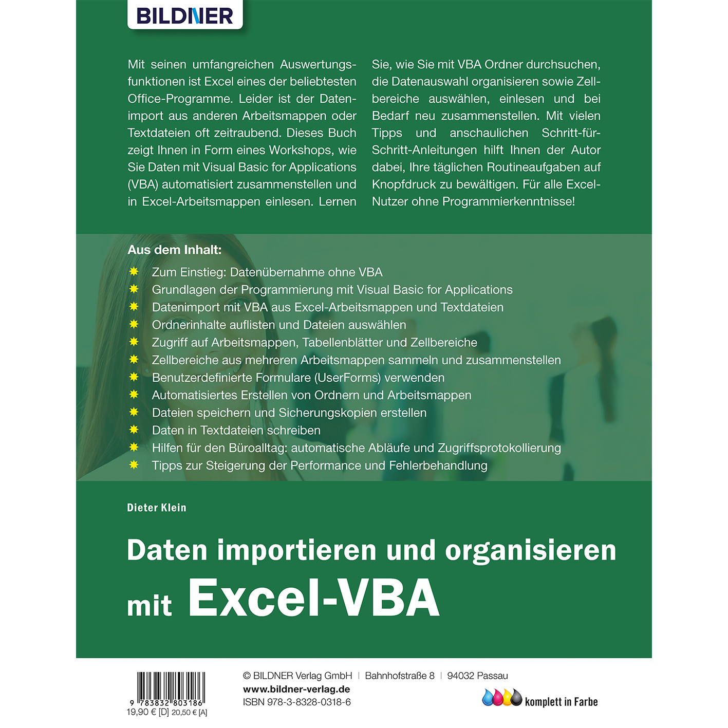 Seiten aus einem Buch über Excel-VBA. Der Inhalt umfasst Datenimport, VBA-Programmierung und die Verwendung von Excel-Arbeitsblättern.