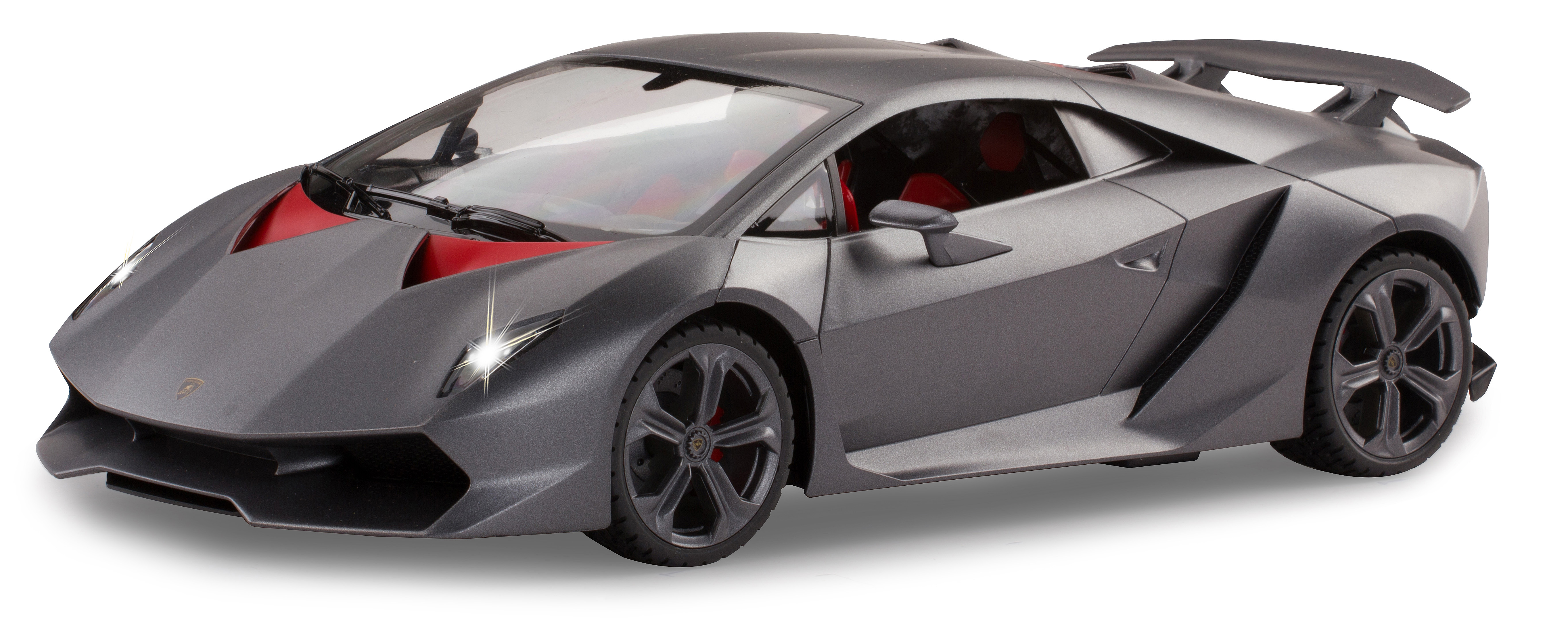 Graues Lamborghini Sian Modellauto mit rotem Innenraum und Akzenten auf weißem Hintergrund. Es hat einen Heckspoiler.